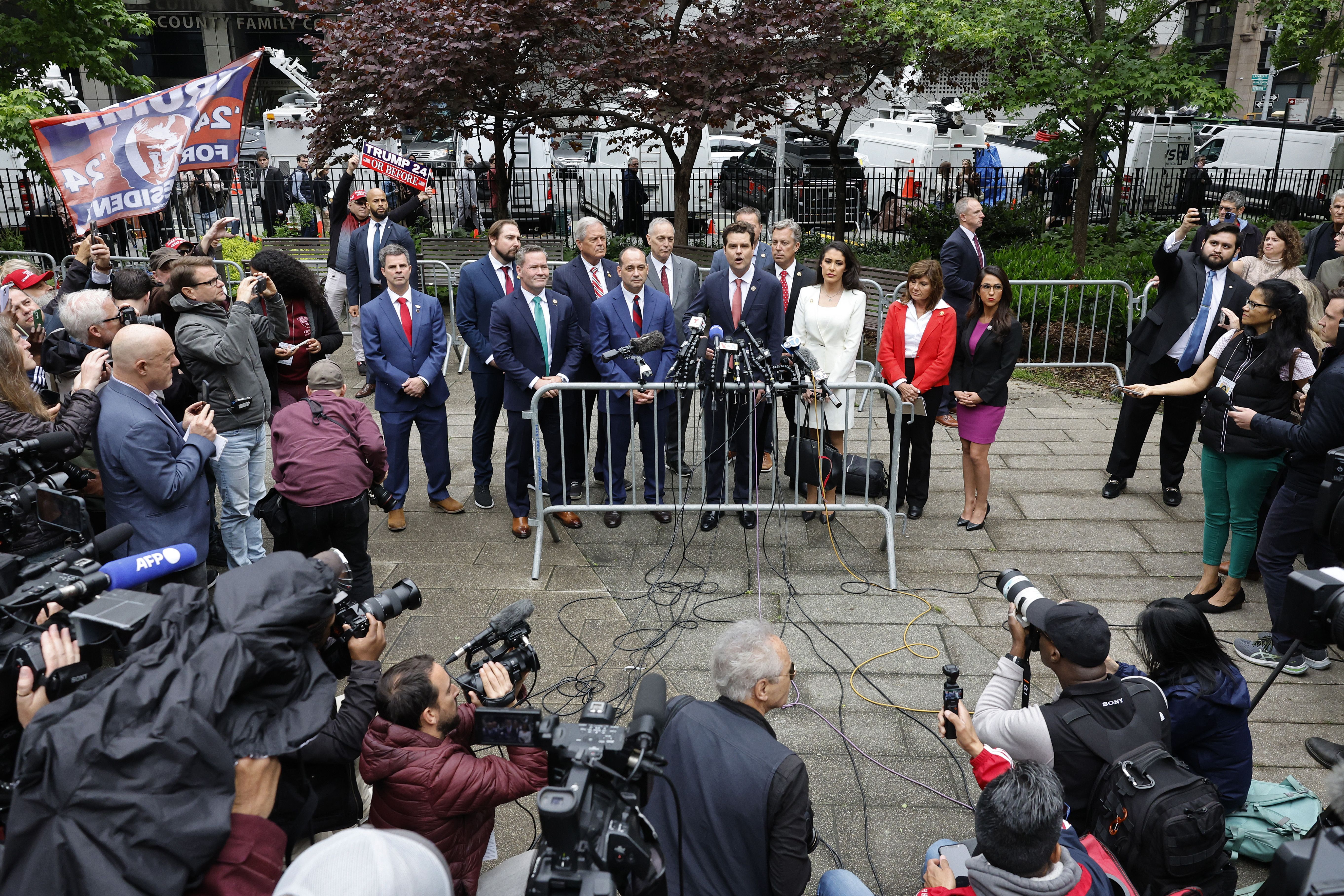 Rep. Matt Gaetz (R-FL) speaks alongside House Republicans during a press conference at Collect Pond Park outside of Manhattan Criminal Court during former U.S. President Donald Trump's hush money trial on May 16, 2024 in New York City.