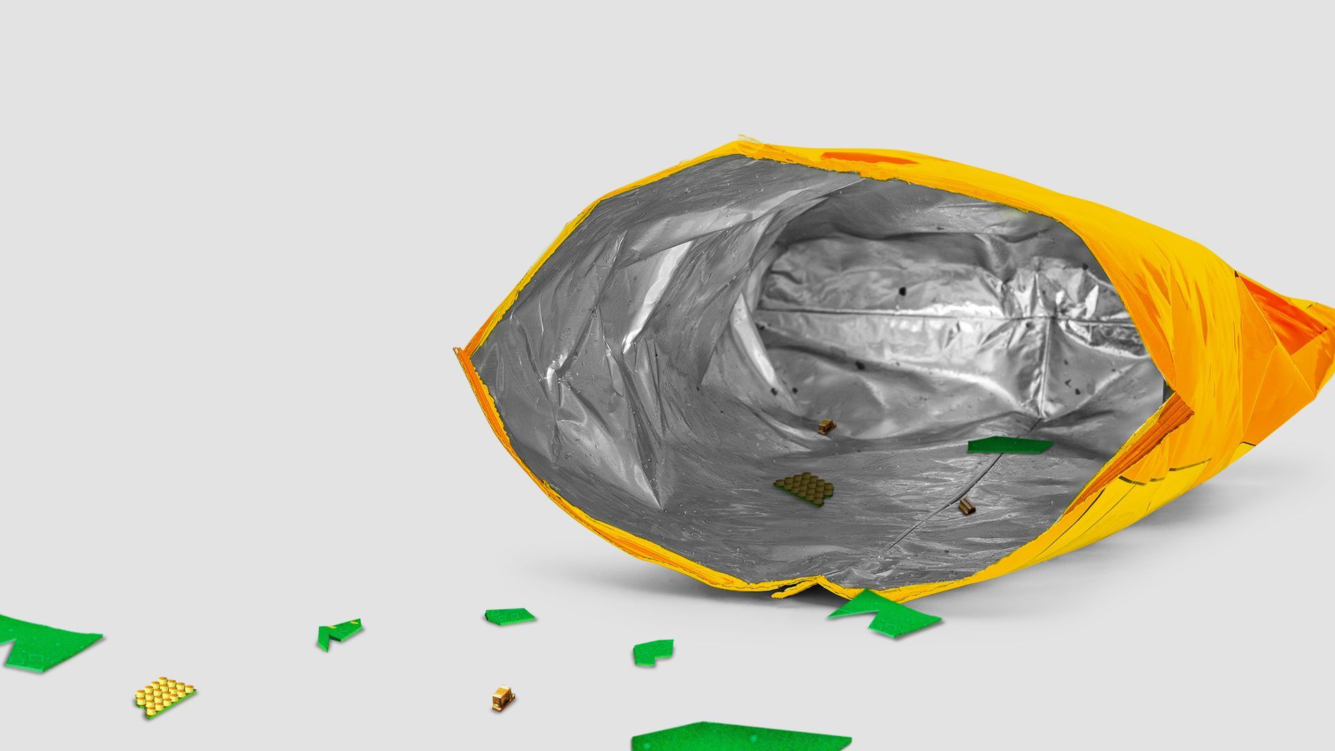 Illustration of an empty bag of potato chips with small bits of circuit computer chips leftover.