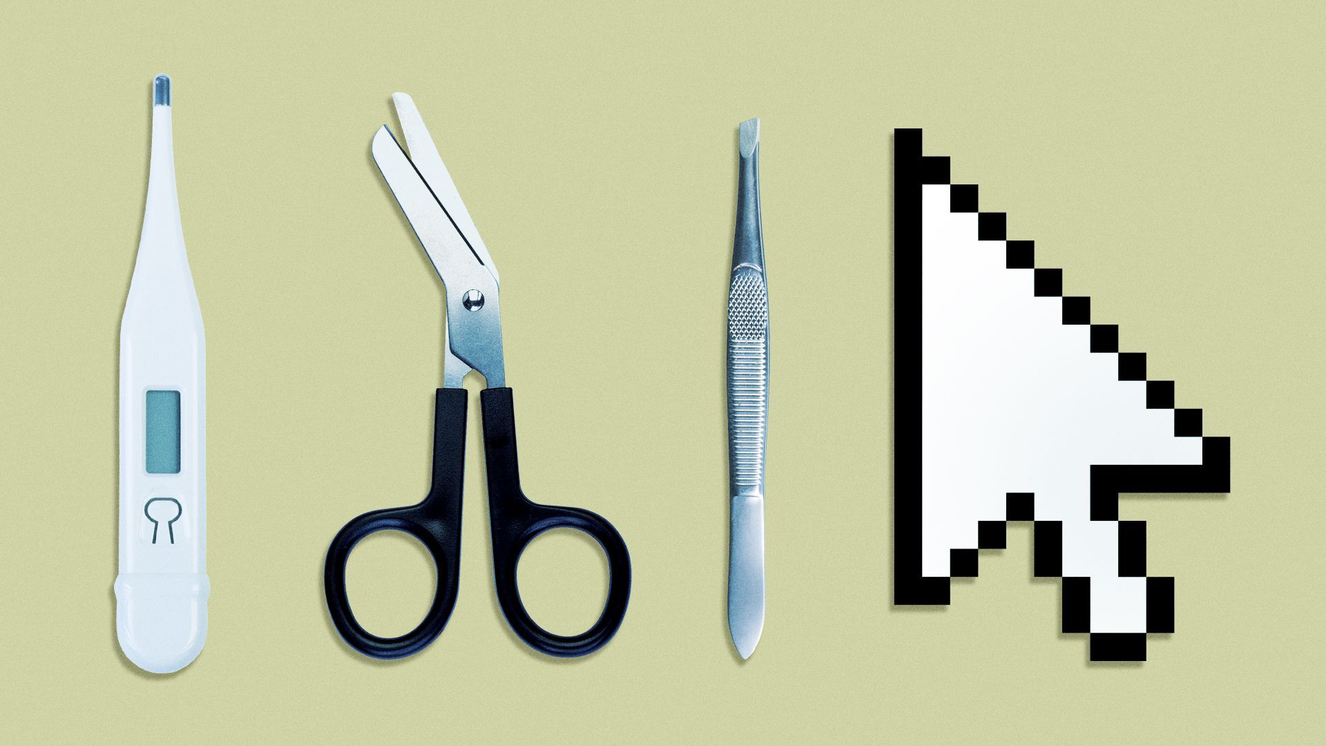Illustration of a thermometer, medical scissors, tweezer and arrow cursor. 