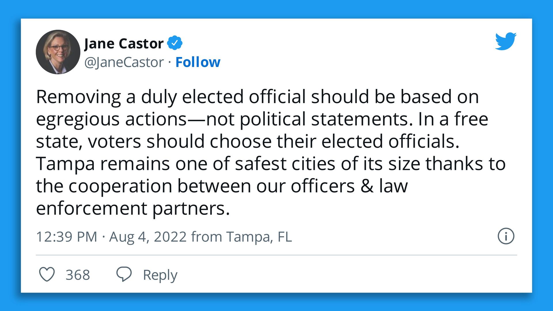 A screenshot of a Tweet from Mayor Jane Castor about Florida Gov. Ron DeSantis' suspension of State Attorney Andrew Warren.