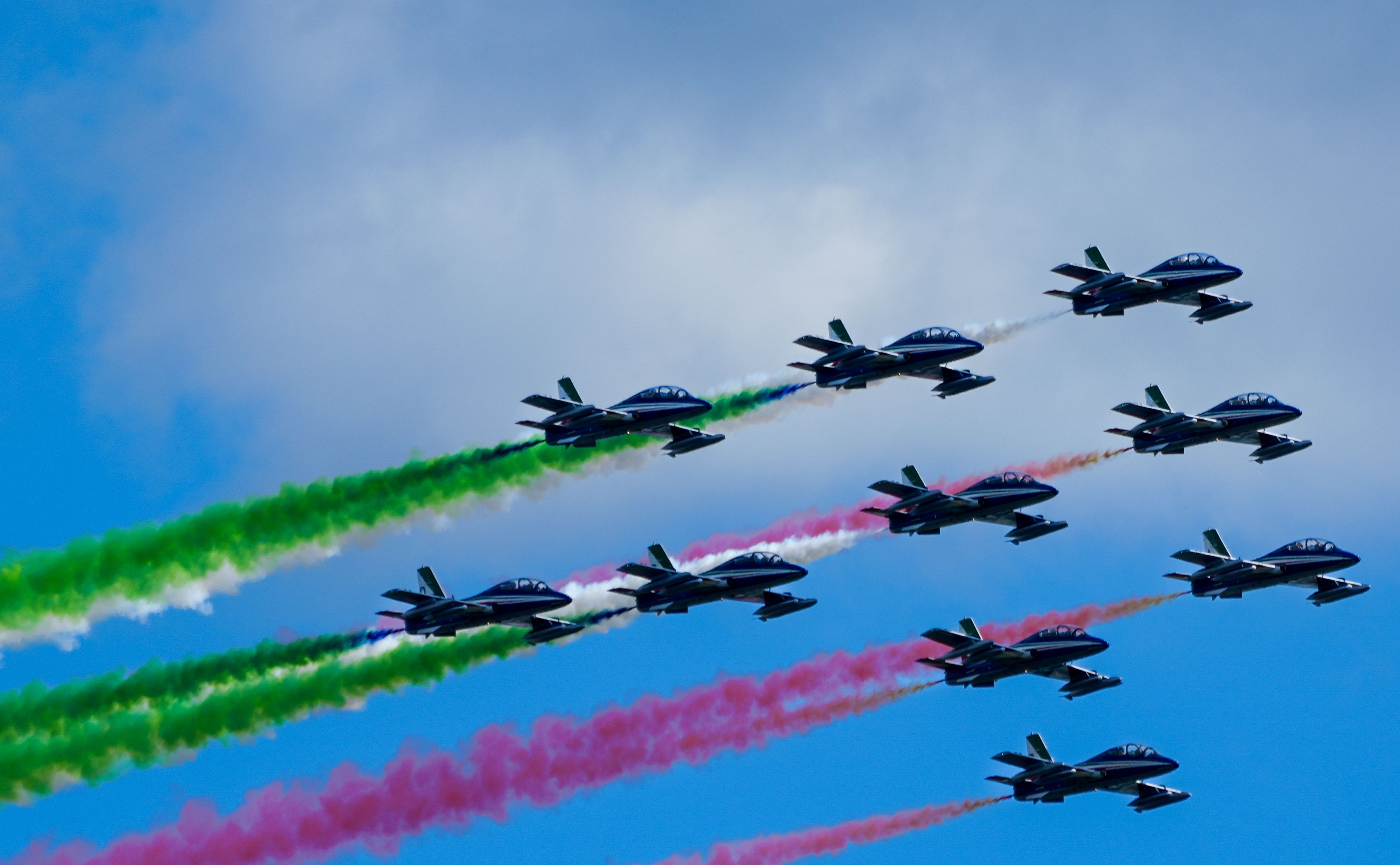 The Italian Air Force Frecce Tricolori fly over Washington, DC, on October 12, 2023, as part of their tour of the United States. They perform in Ocean City, Maryland, this weekend before returning home. (Photo by Andrew Leyden/NurPhoto via Getty Images)