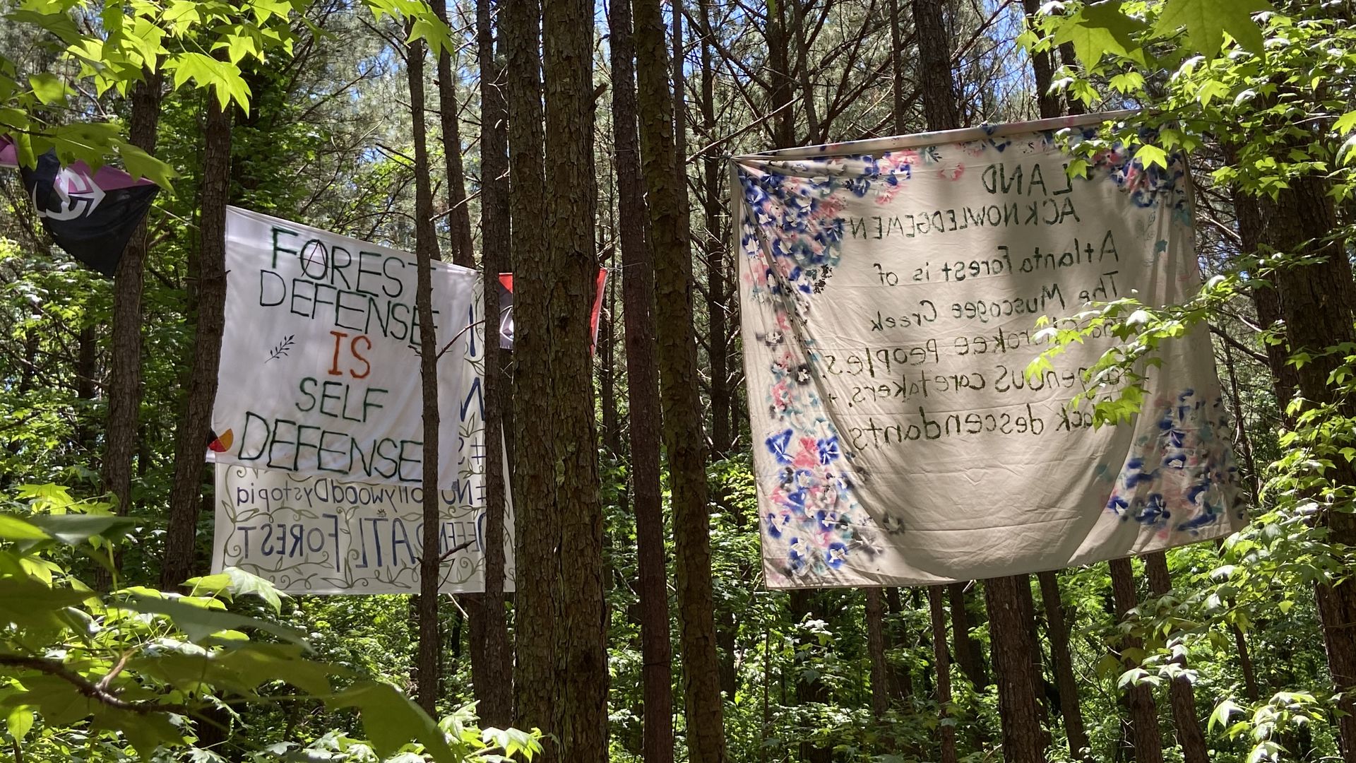 Photo of banners with banners opposing a proposed public safety center hanging between trees