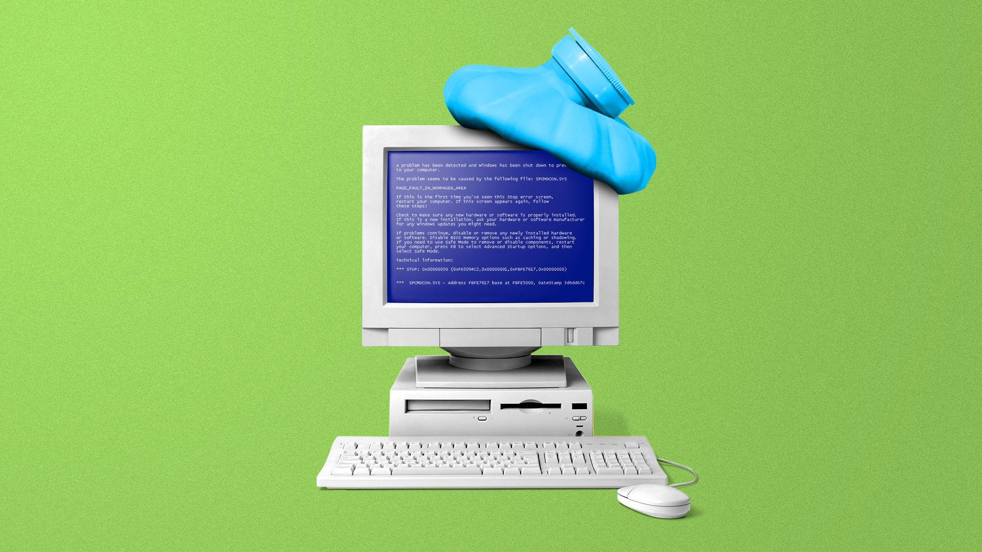 Illustration of a computer with a 404 screen and an ice pack on the monitor. 