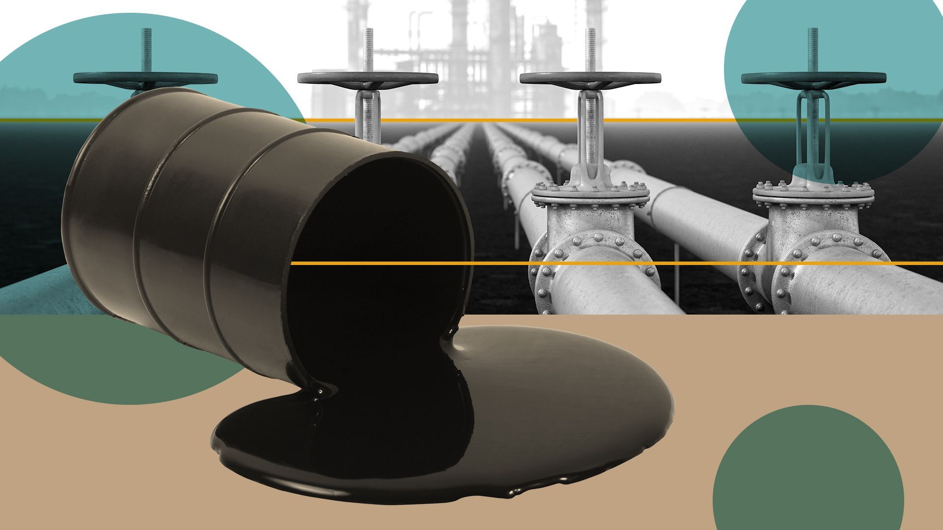 Photo illustration of oil spilling out of a barrel, oil pipelines and abstract shapes.