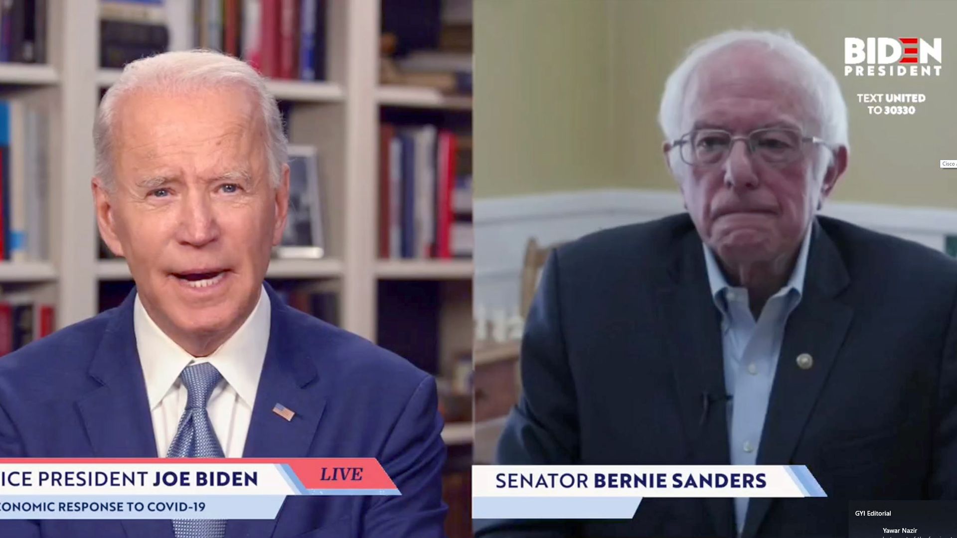 In this screengrab taken from JoeBiden.com campaign website, U.S. Sen. Bernie Sanders (I-VT) endorses Democratic presidential candidate former Vice President Joe Biden