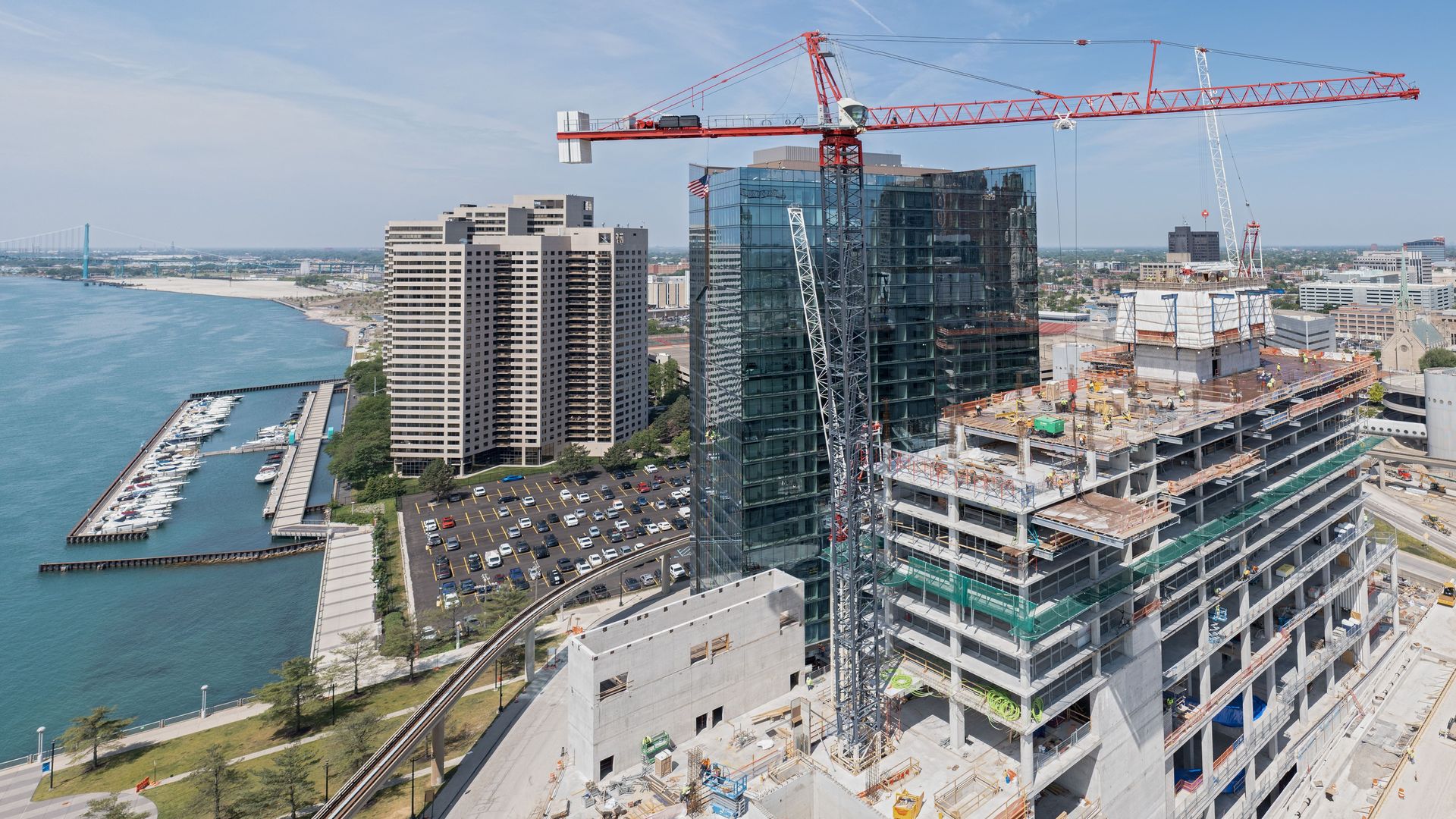 Construction of the 25-story JW Marriott Detroit Water Square hotel in 2025. 