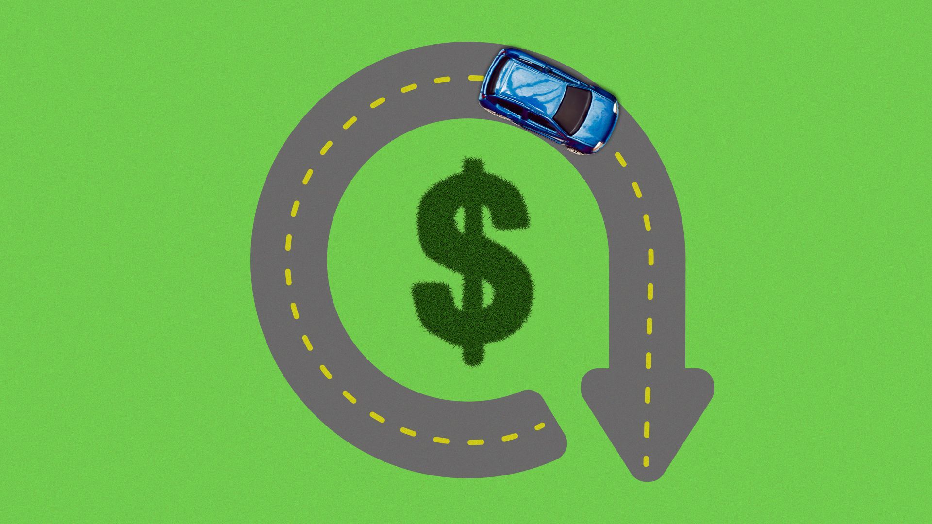 Illustration of a lower prices icon comprised of a road circling a patch of grass that is in the shape of a dollar sign.