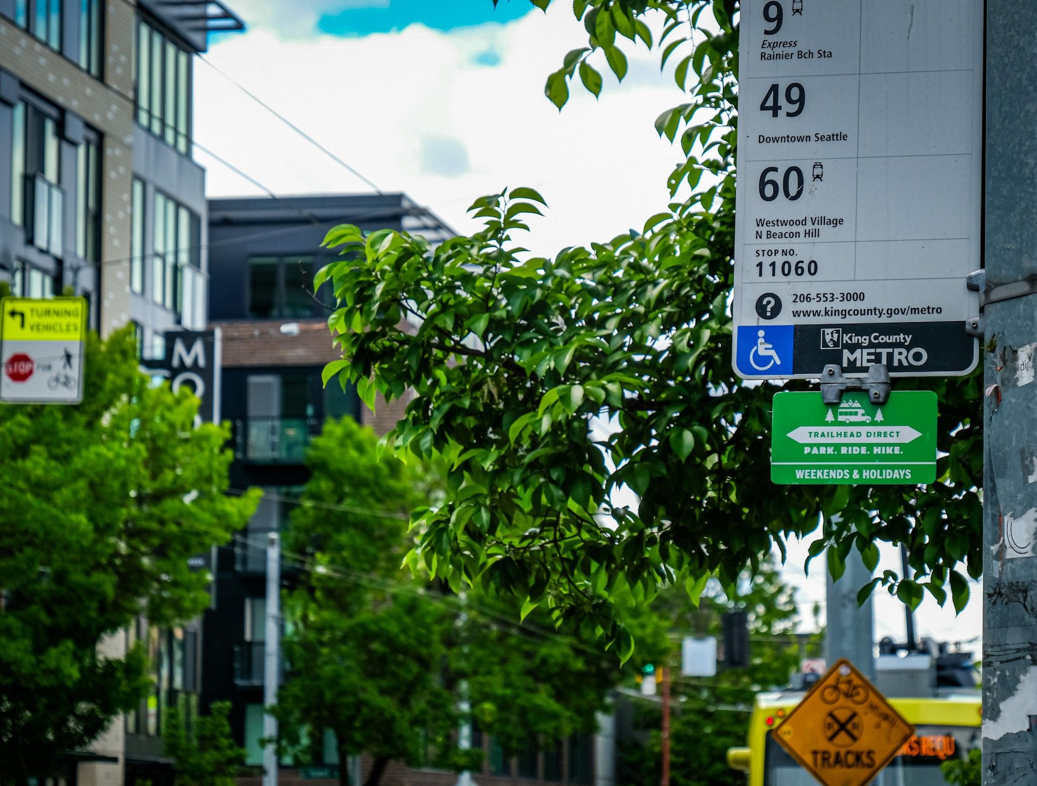 A bus route sign with an additional green placard hanging below it that says "Trailhead Direct." Trees and street in background.