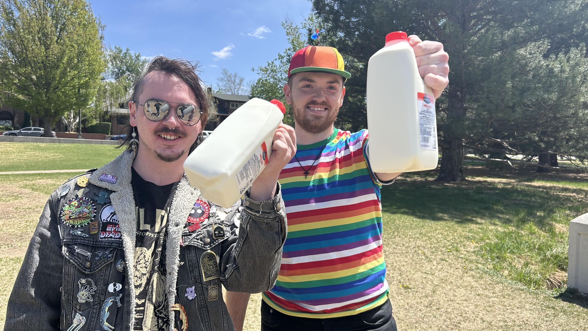 Liam Poultney (AKA Bovine Baron, left) and Matthew Garis (Lord of Lactose) squared off in a milk-chugging battle Saturday at Wash Park.