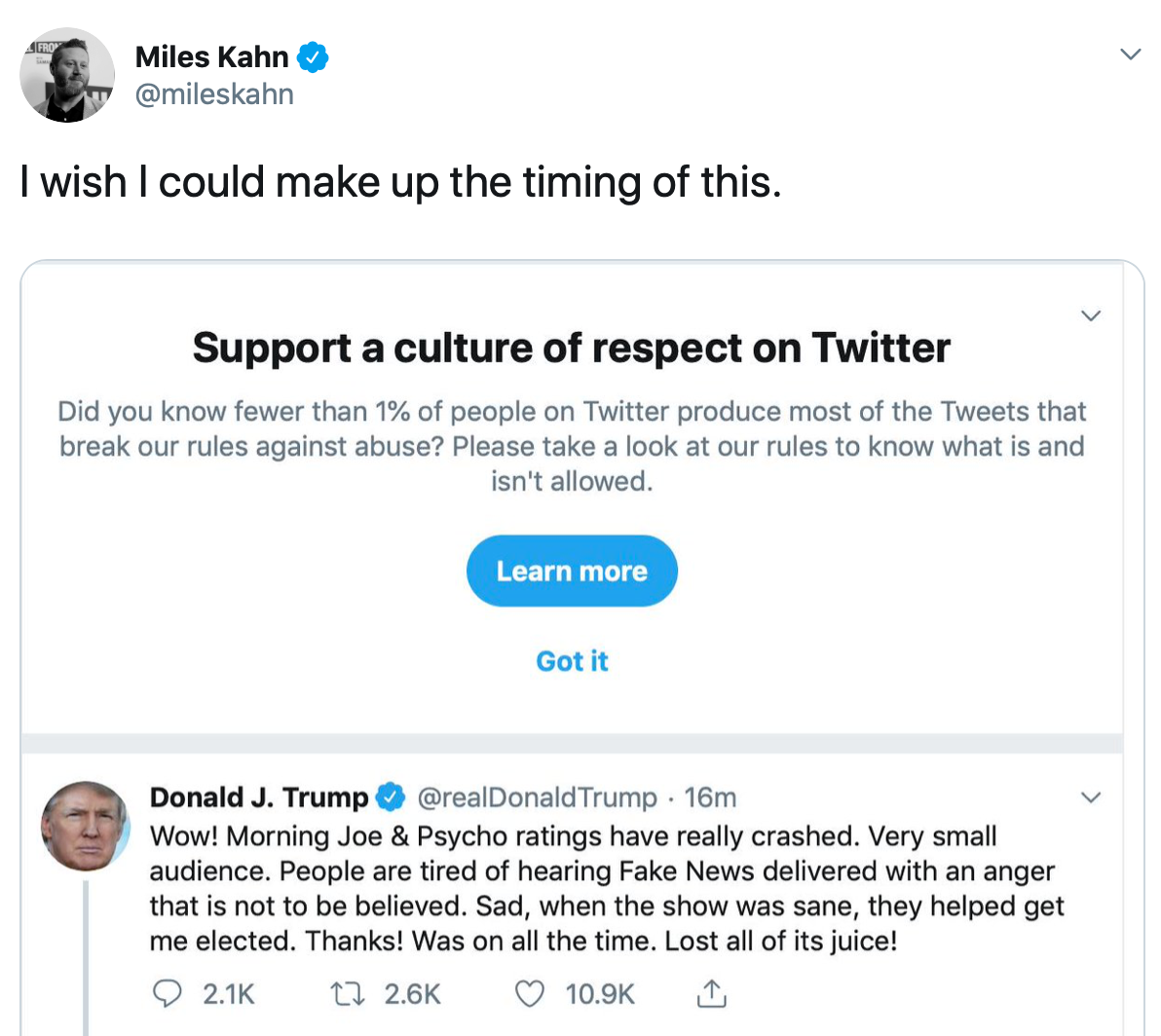 A screenshot from Twitter juxtaposing its effort to improve the dialog with a Donald Trump Tweet