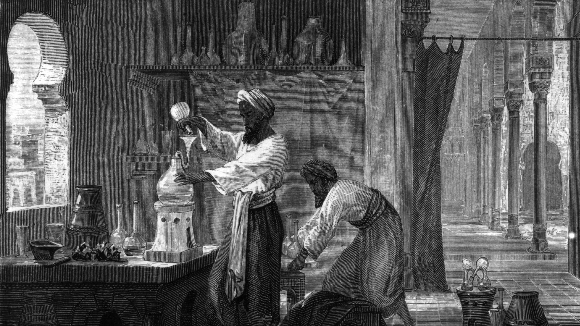 A drawing of a scientist in the Middle Ages