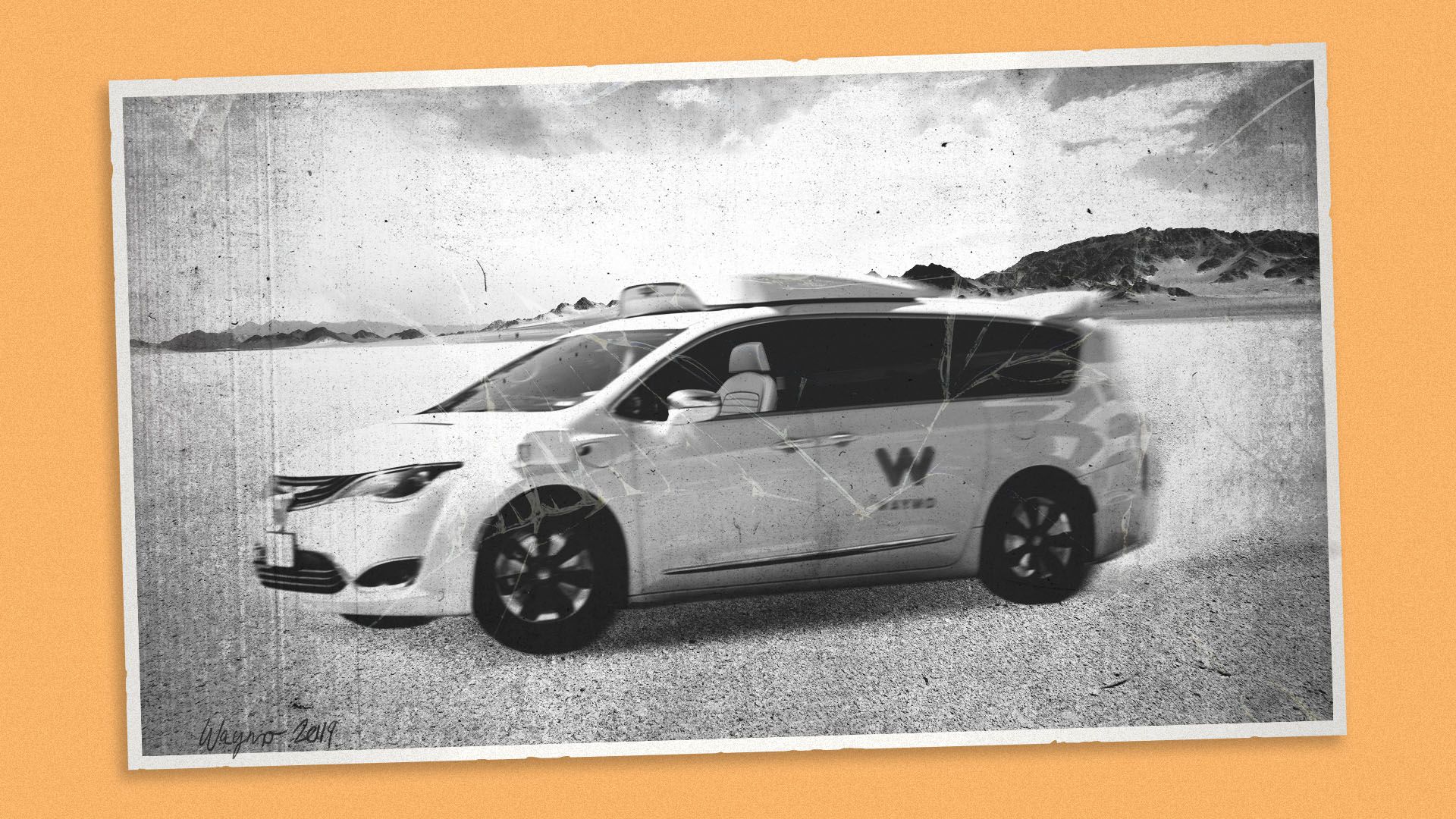 Illustration of a old-time photograph of a self-driving car driving across a desert landscape
