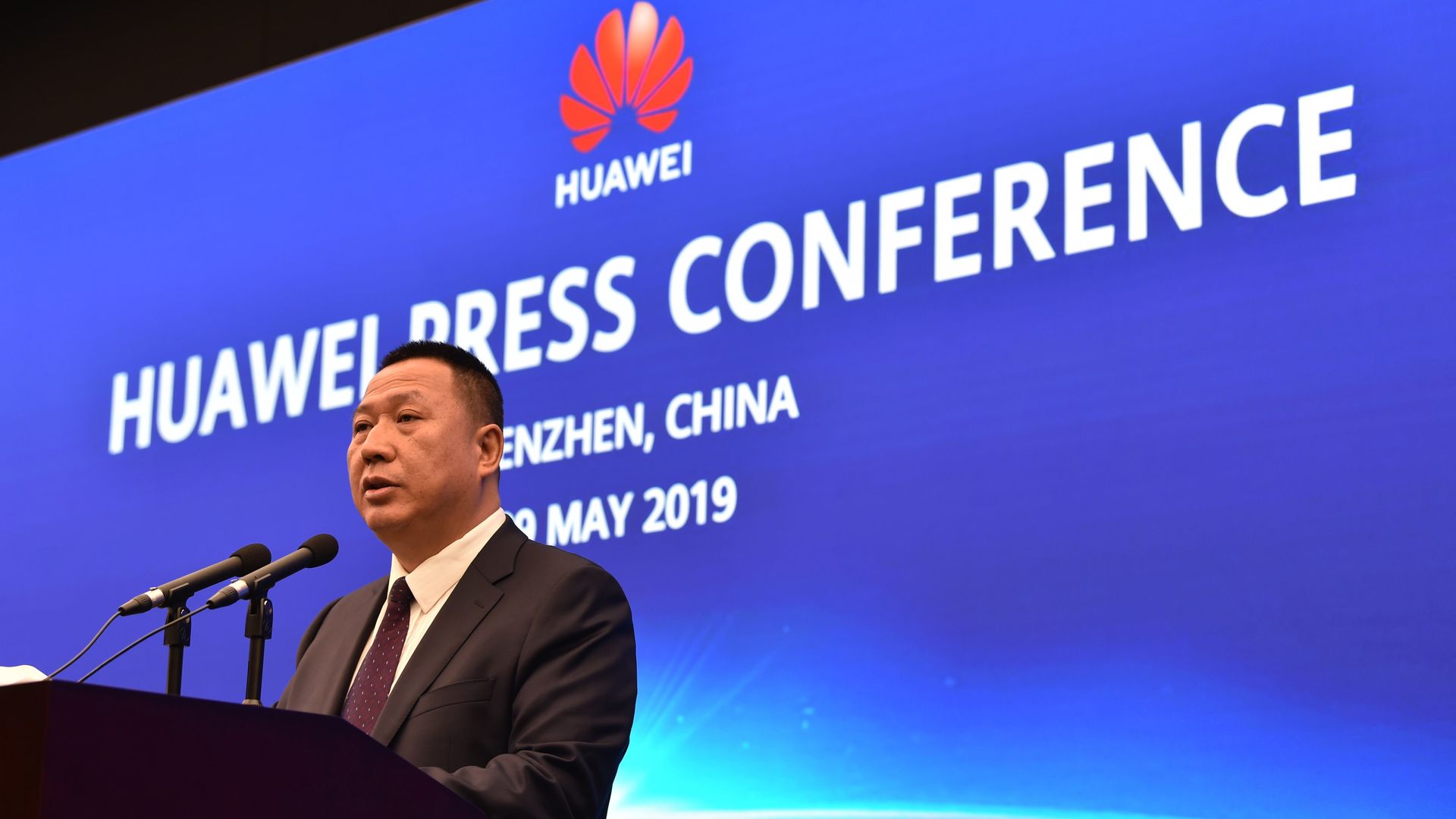 Song Liuping, chief legal officer of Chinese tech giant Huawei, speaks during a press conference at the Huawei facilities in Shenzhen, Guangdong province, on May 29, 2019. 