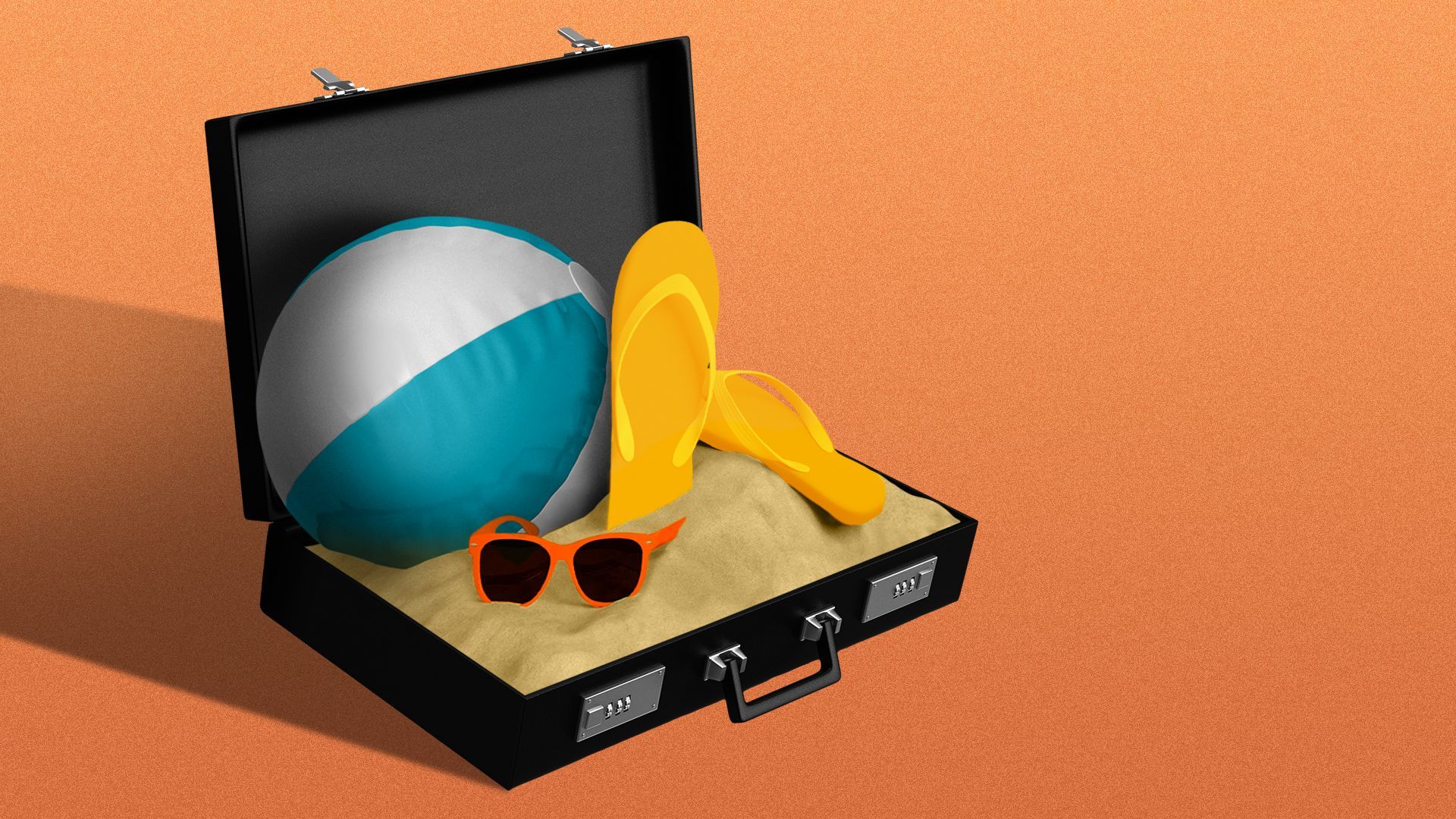 Illustration of a beach scene inside of a briefcase.