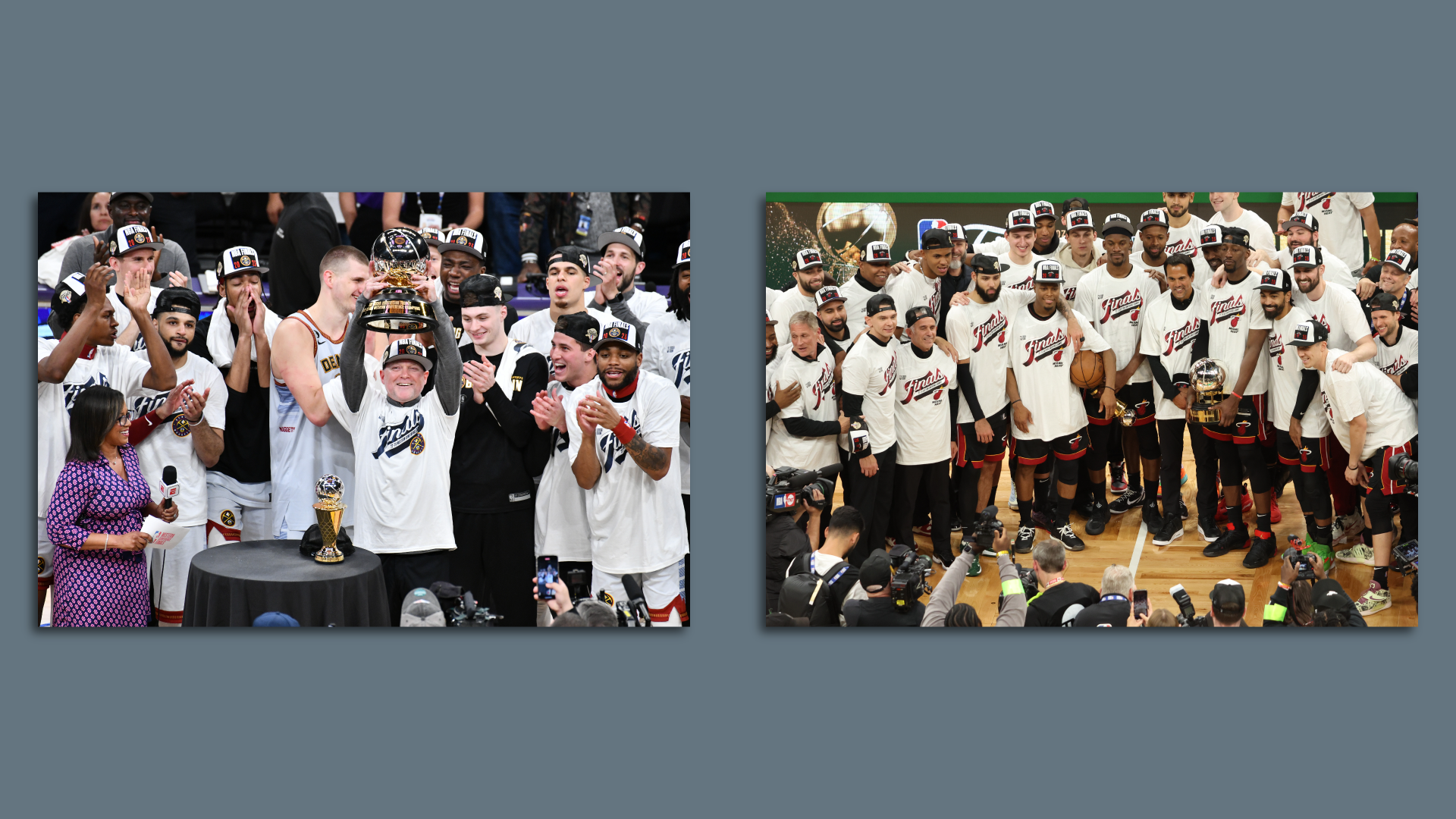 Two pictures of a group of men holding up a trophy to celebrate