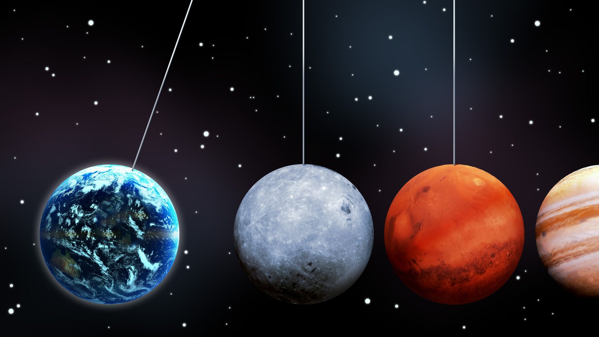 Illustration of the Earth, the moon, Mars, and Jupiter as balls in a Newton's cradle in space