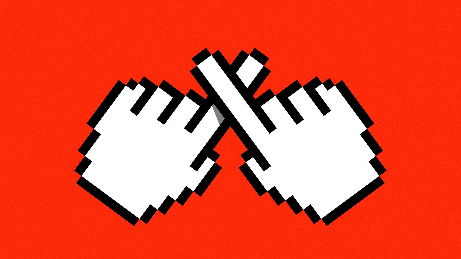 Illustration of two pointing hand cursors making an "X" sign out of the fingers. 