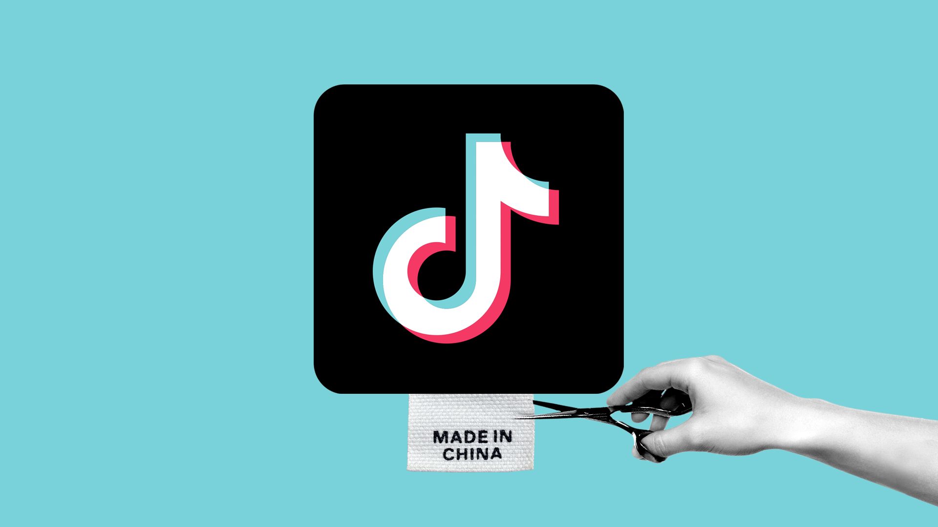 In this illustration, a label reading "Made in China" is attached to the TikTok logo