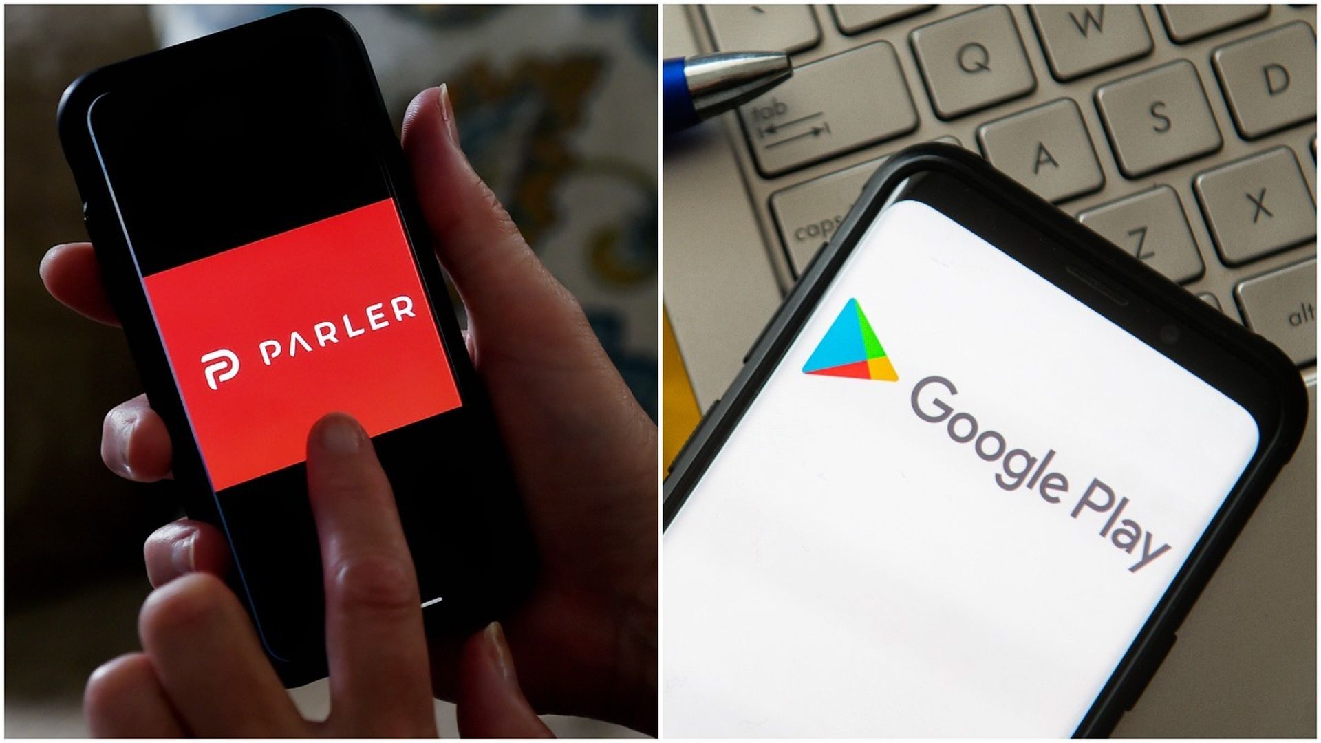 Photo of the Parler app and Google Play Store side by side