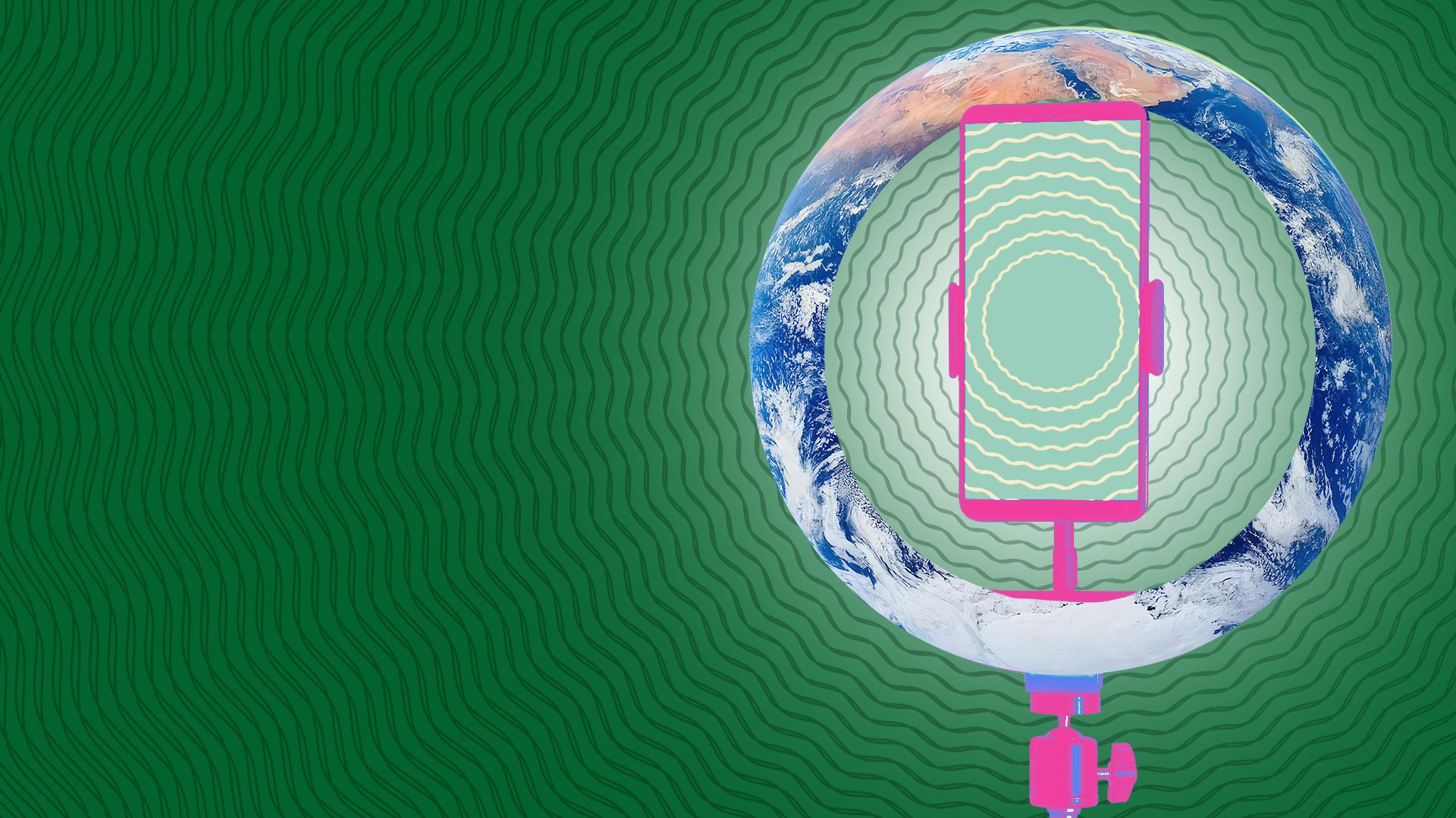 Illustration of a ring light with a cellphone in the middle with radiating lines and an earth overlay