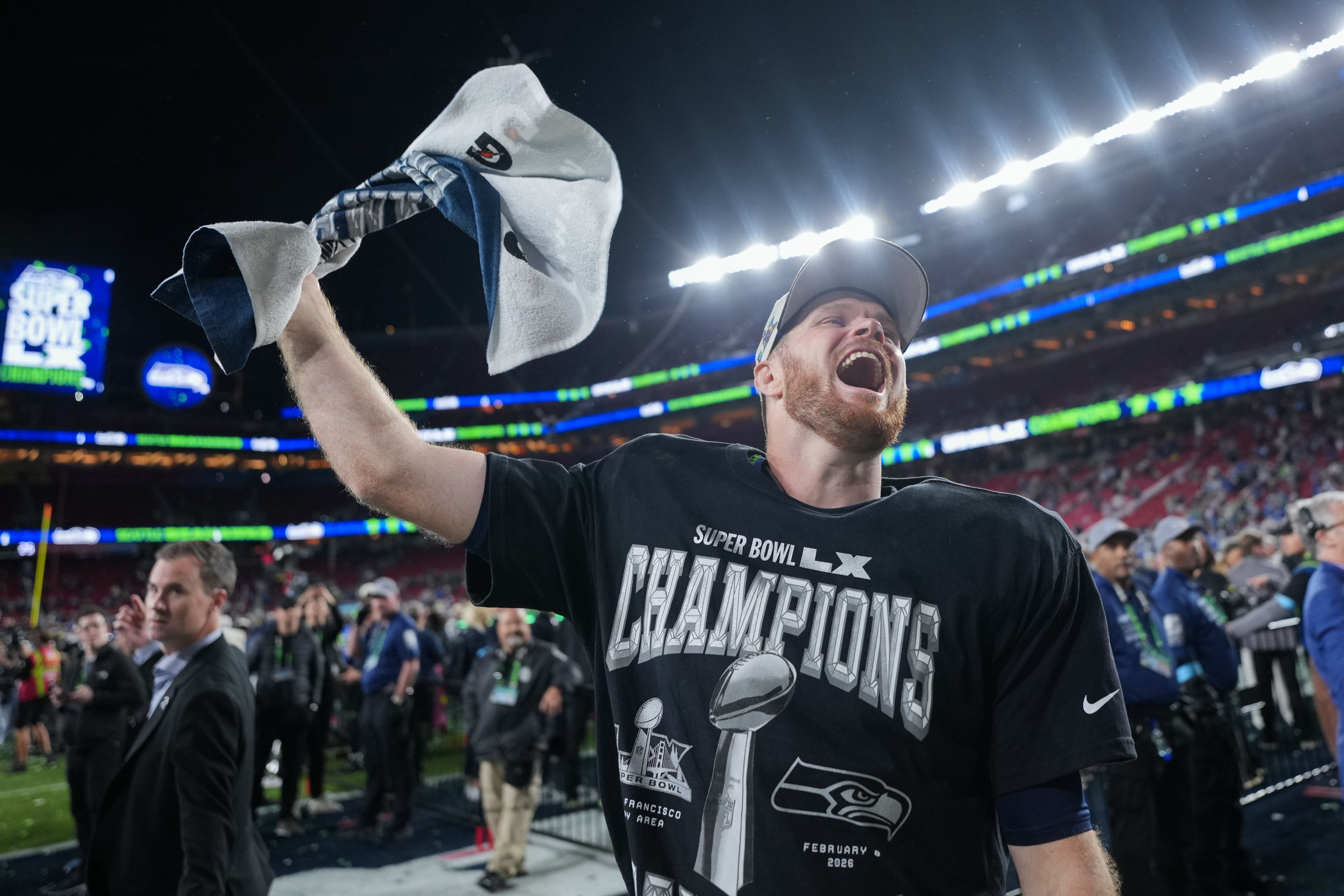 Seattle Seahawks QB Sam Darnold celebrates after winning the Super Bowl last night.