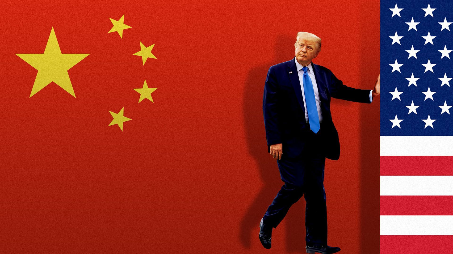 Photo illustration of President Donald Trump pushing the American flag out of frame to reveal a Chinese flag behind