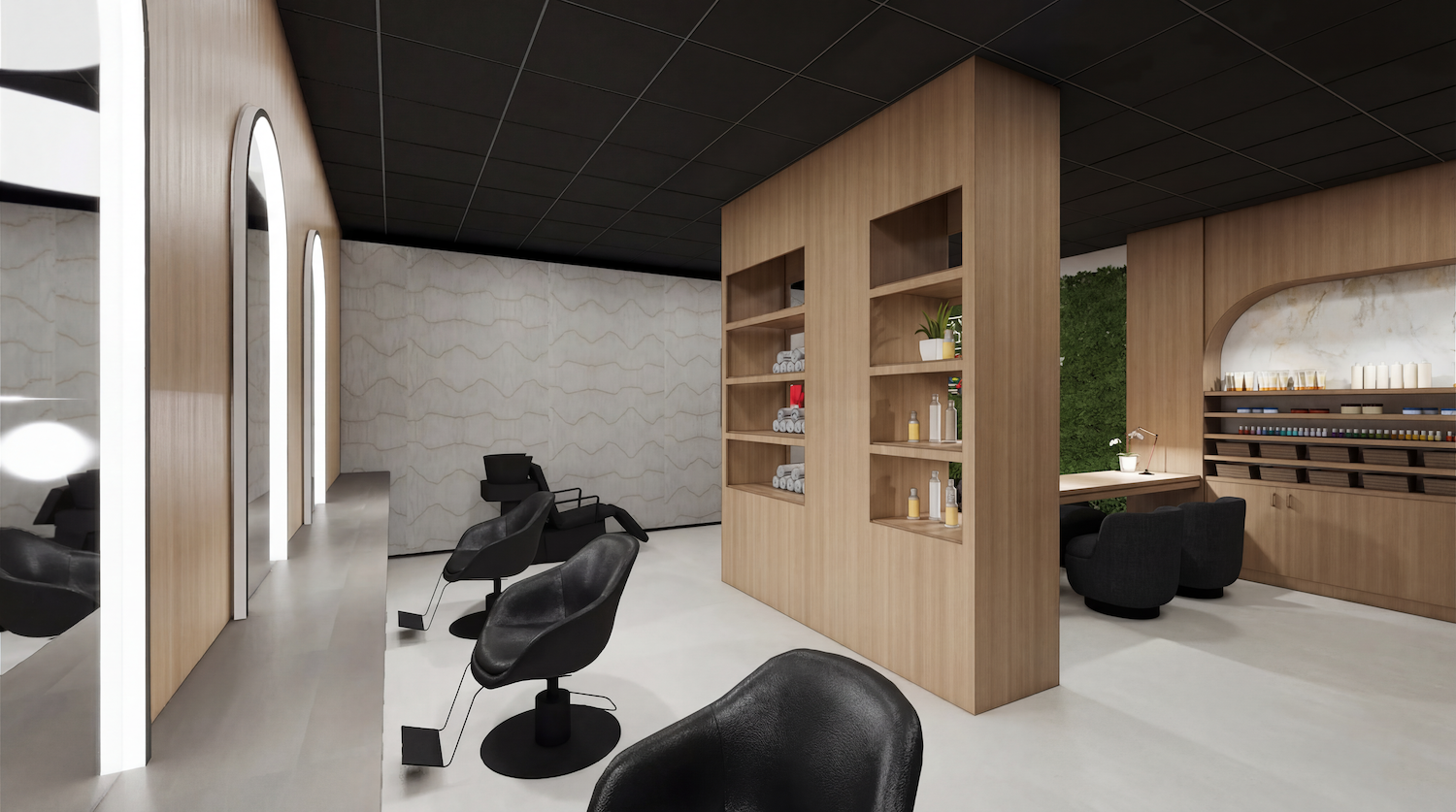 Modern hair salon with black styling chairs on a white floor, arched backlit mirrors on a wooden wall, and a central wooden shelf loaded with towels and bottles; a product counter sits to the right.