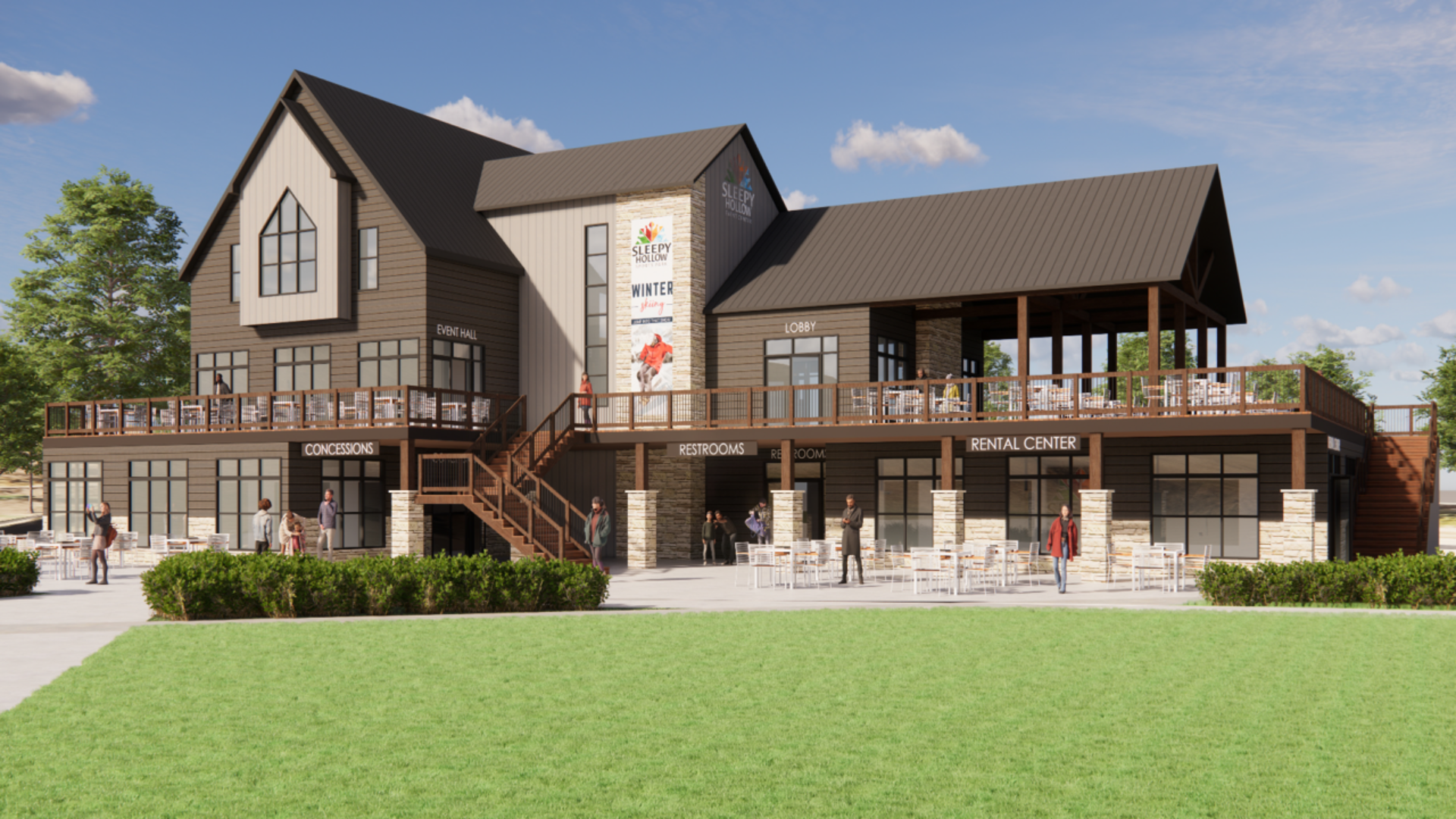 A drawing of a lodge at Sleepy Hollow.