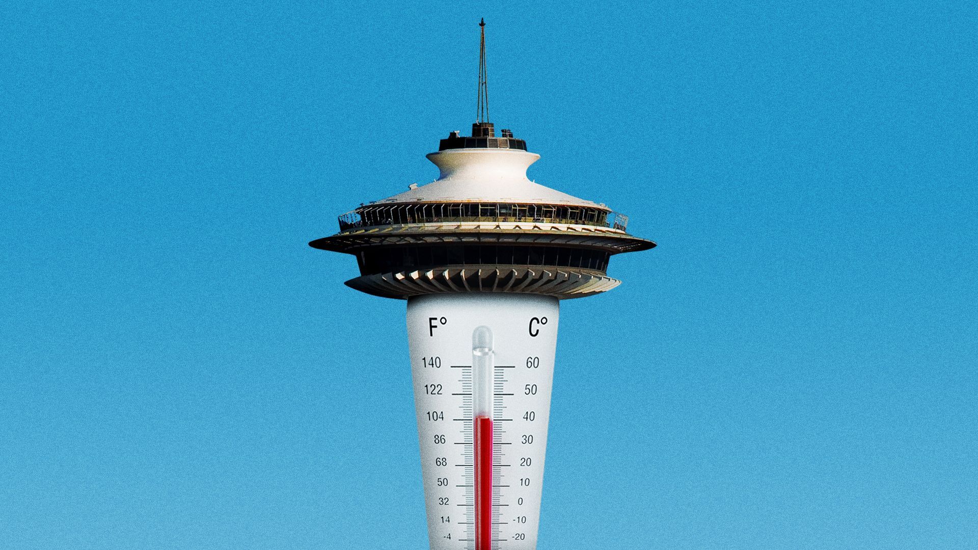 Illustration of the Seattle space needle, but the base is a thermometer. 