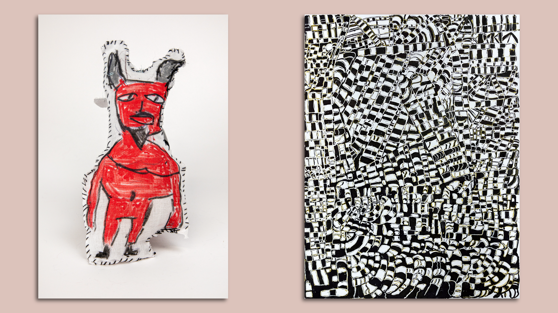 A small figure of a red devil with horns and a beard on the left. A black and white maze-like piece of art that appears abstract on the right.