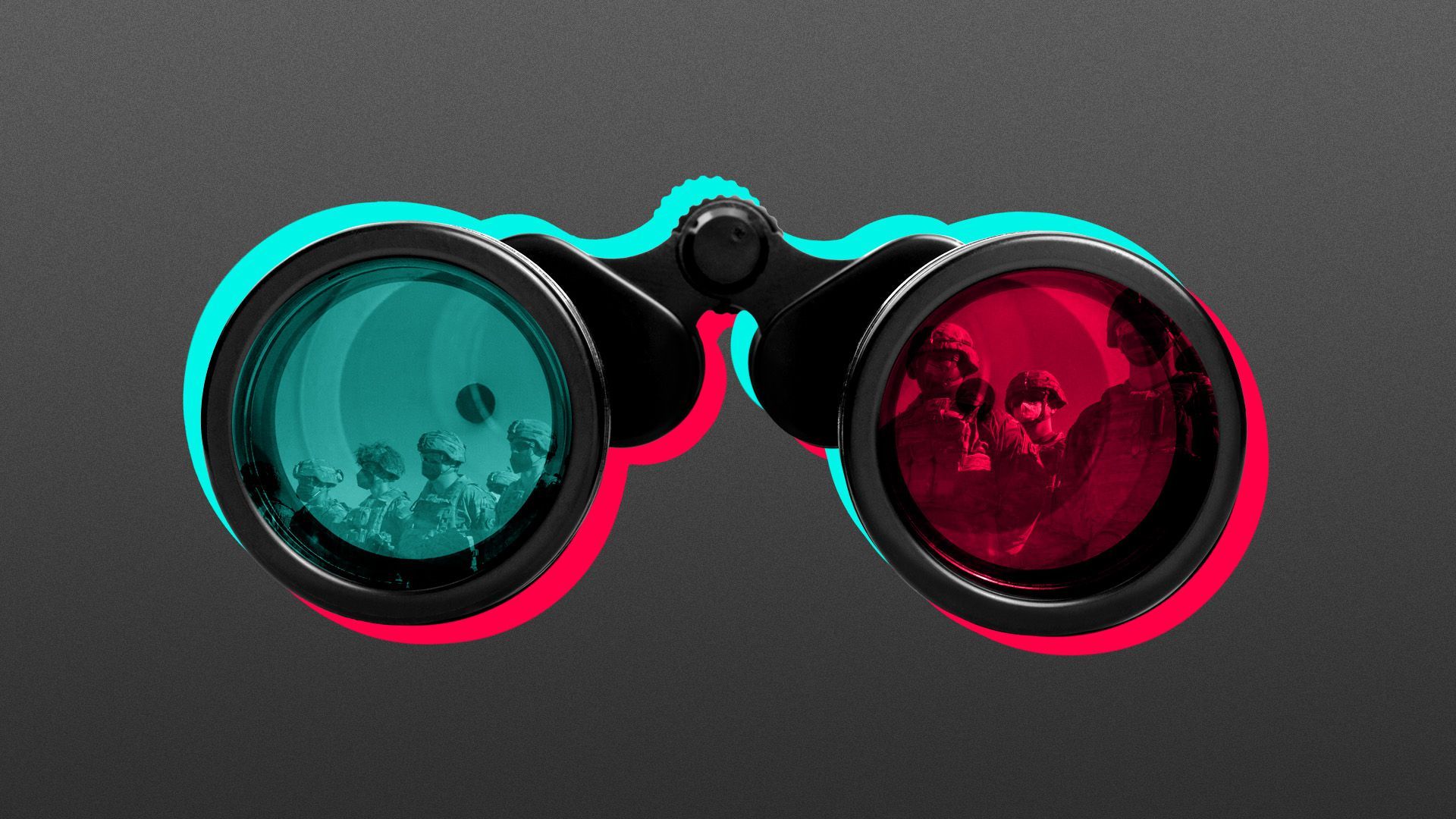 Illustration of a pair of binoculars showing soldiers in the lens and featuring tik tok colors