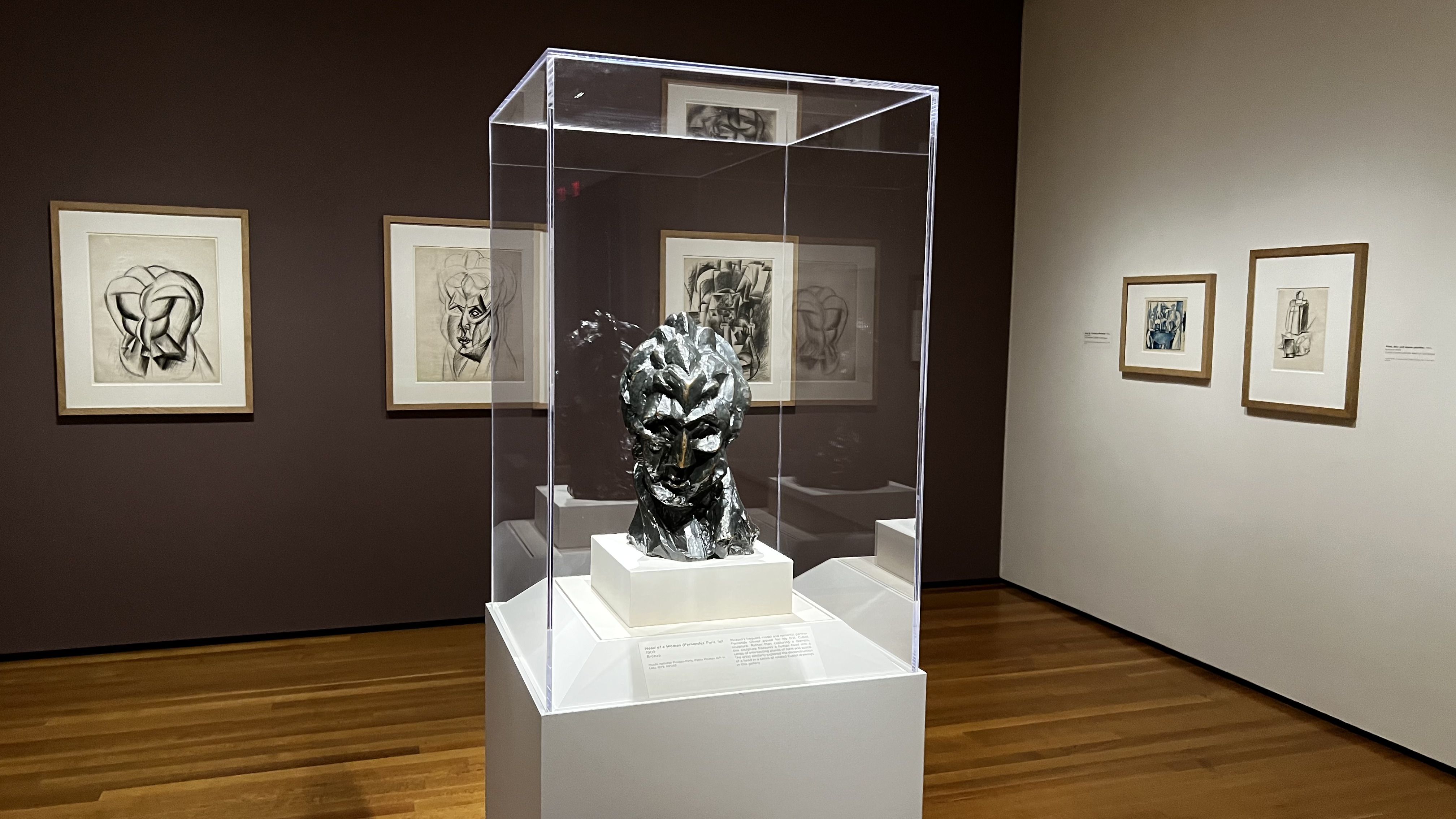 Picasso's "Head of a Woman" sculpture behind glass. 