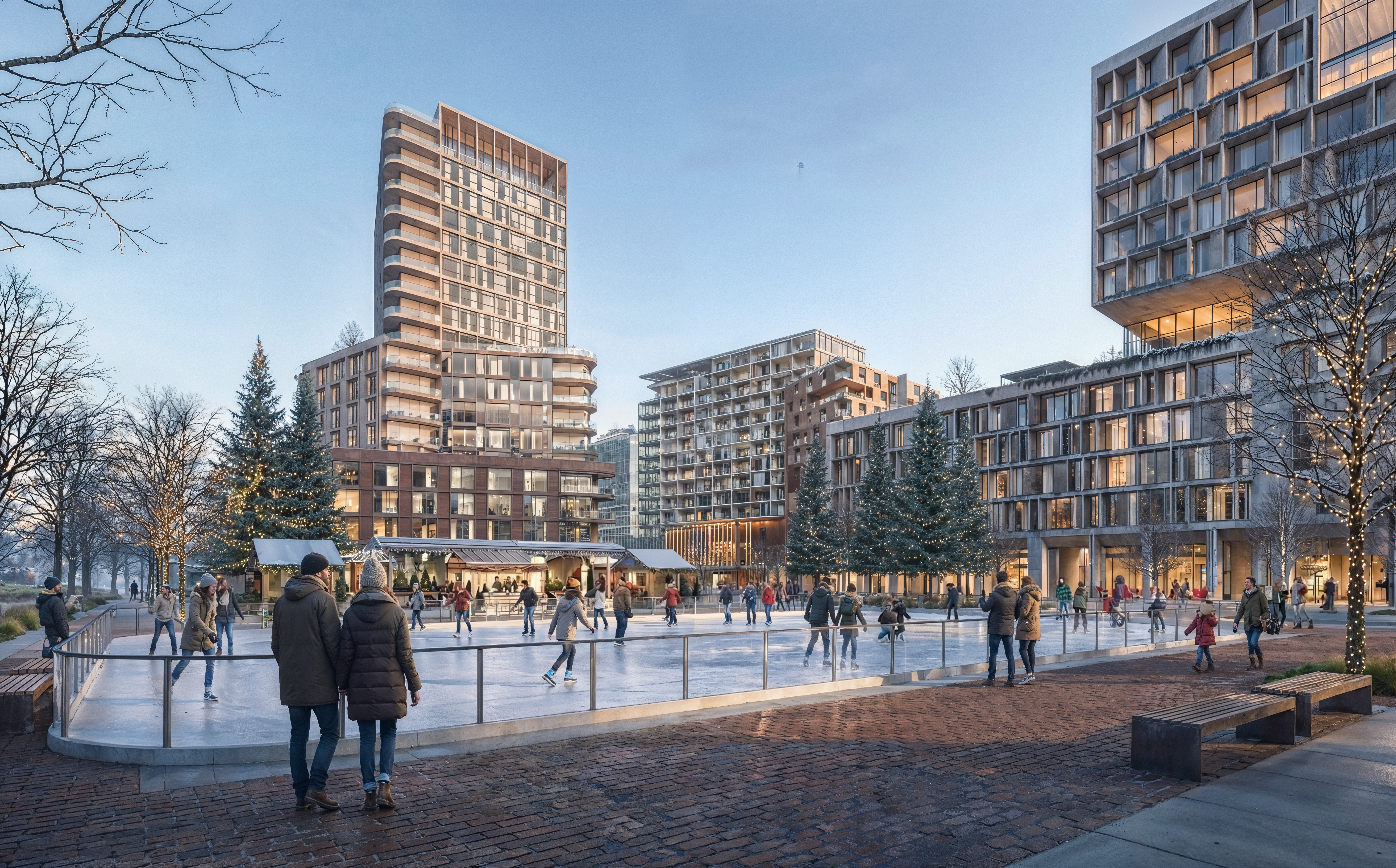 People ice skating outdoors in a modern urban plaza surrounded by tall buildings and decorated evergreen trees with lights at dusk.