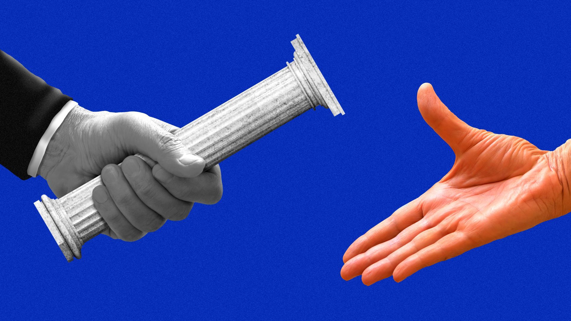 Illustration of a black and white hand in a suit passing a marble column like a baton to a hand in color