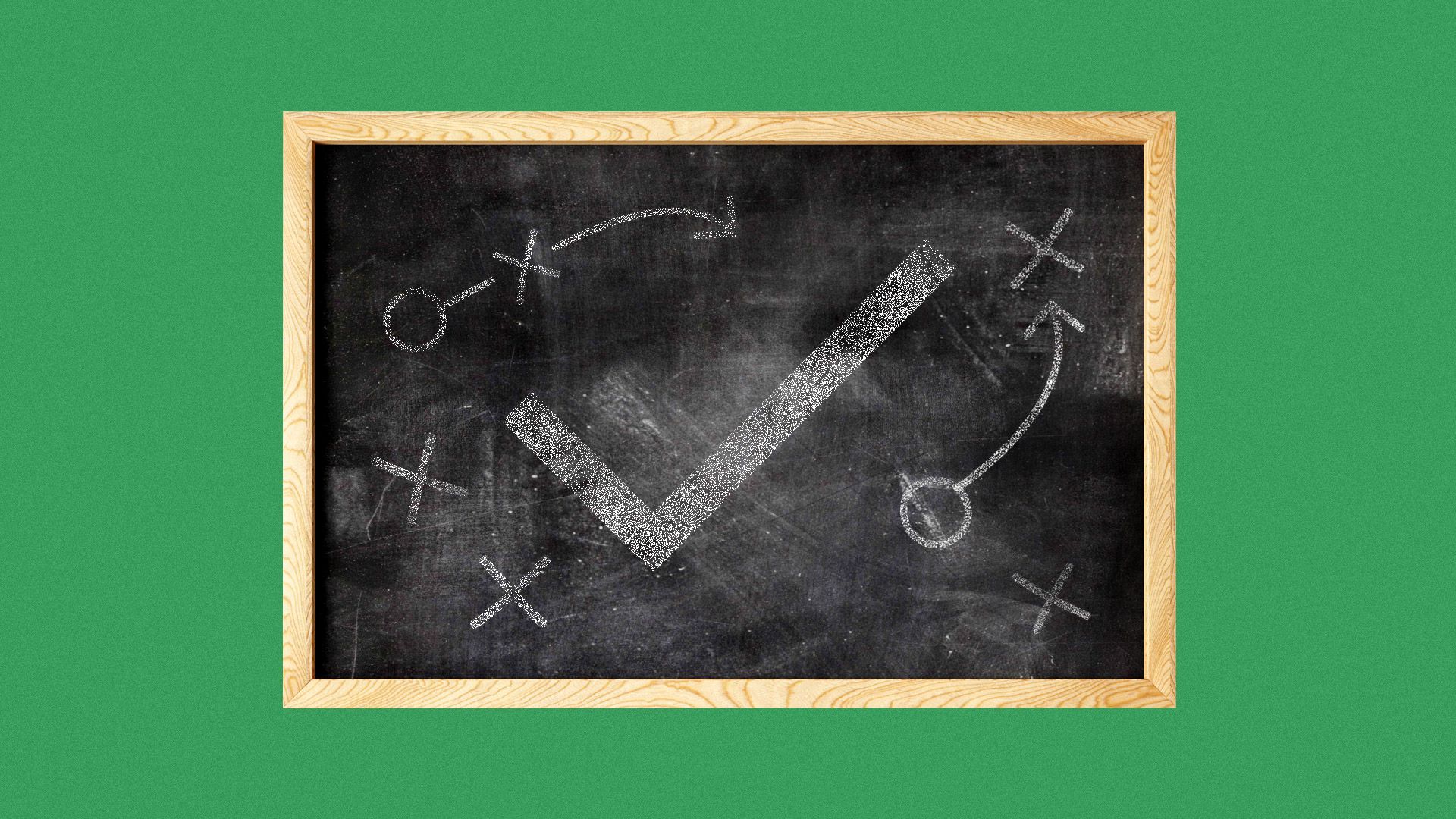 Illustration of chalkboard with large checkmark and football plays