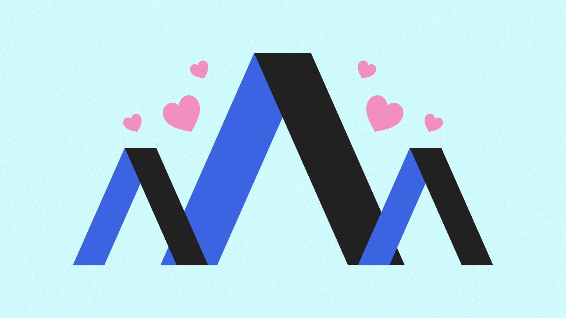Illustration of a large Axios logo flanked by two smaller logos with hearts surrounding them.