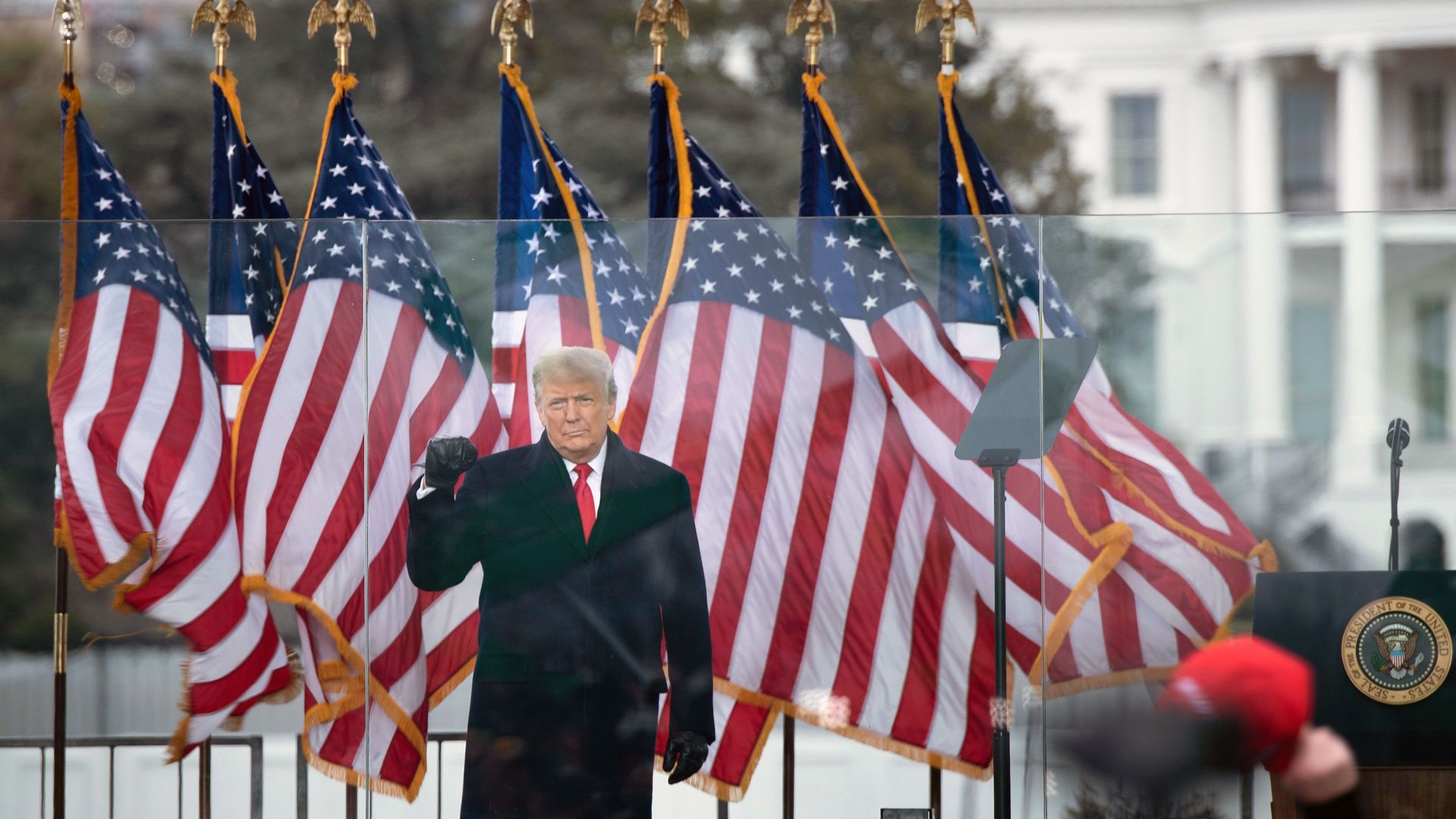 President Trump is seen pumping a fist to his supporters during a rally outside the White House today.
