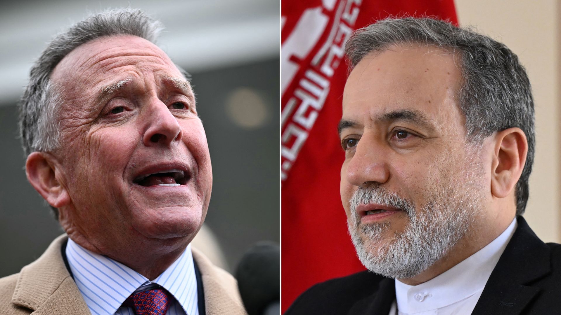 Split image of two men: left, an older man in a tan coat and red tie, U.S. Middle East envoy Steve Witkoff, speaks into a microphone; right, a bearded man in a dark suit with a white shirt, Iran's Foreign Minister Abbas Araghchi, against a red backdrop.