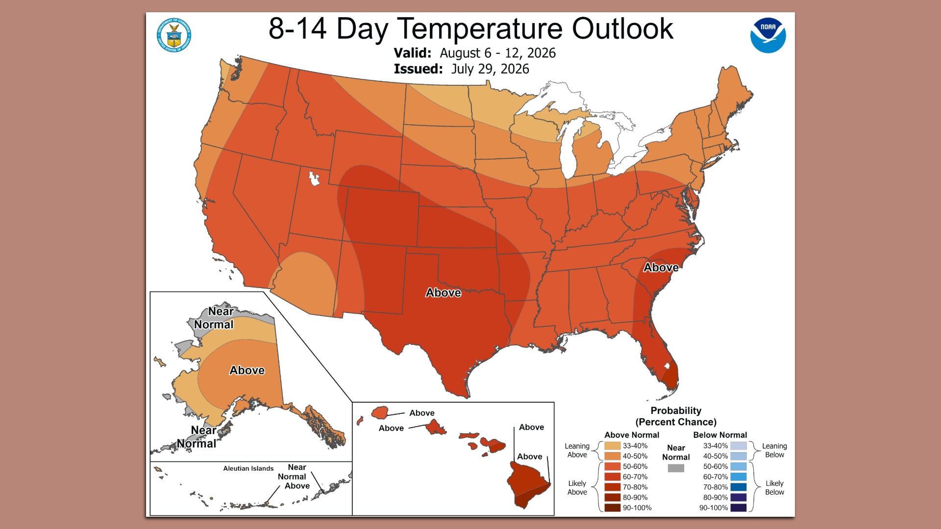 NOAA map of the "8-14 Day Temperature Outlook" for the U.S. shows orange shades across most states, indicating above-normal temperatures, with state borders and a small inset.
