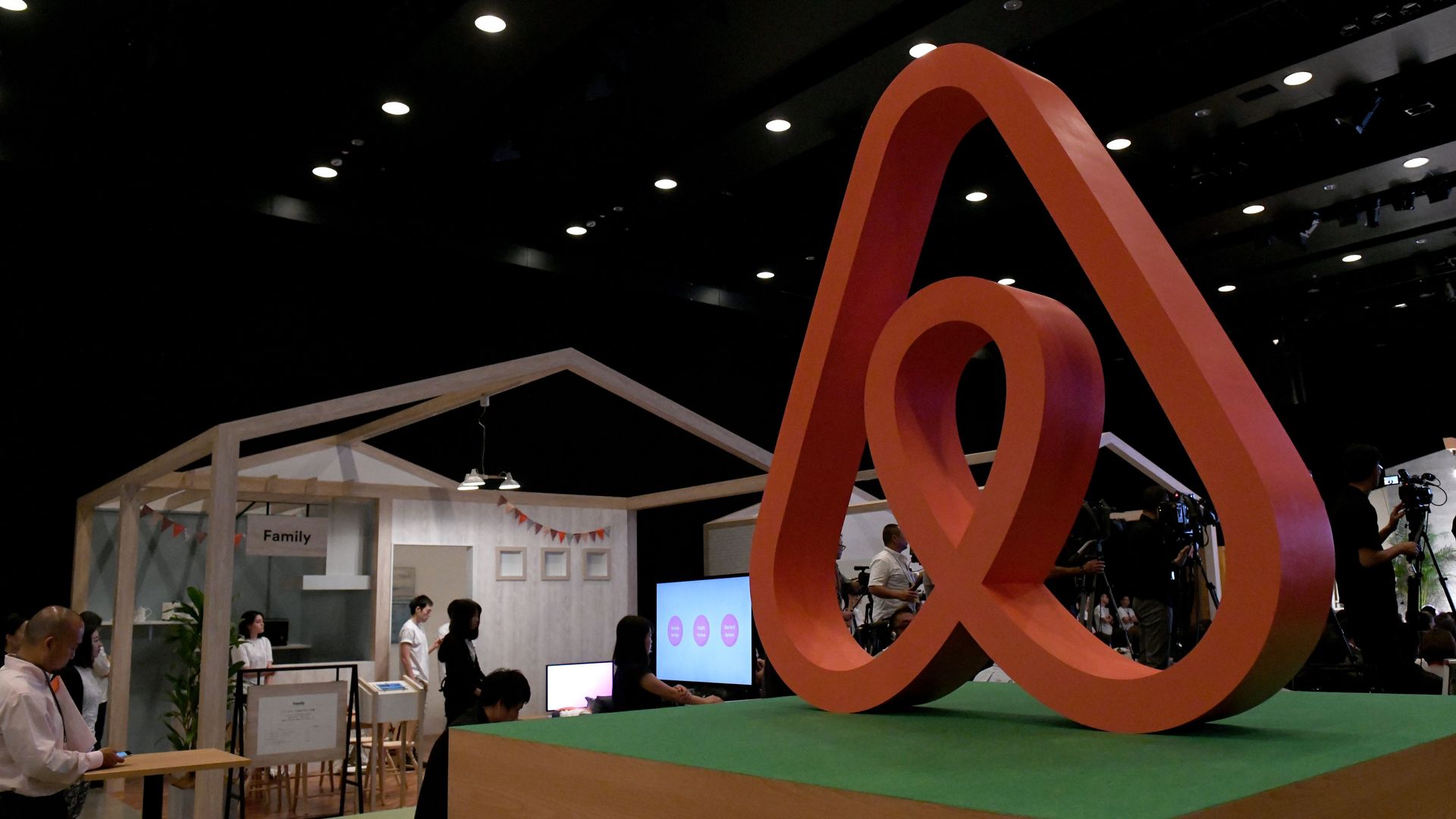 Photo of sculpture of the red Airbnb logo in the company's Tokyo office.