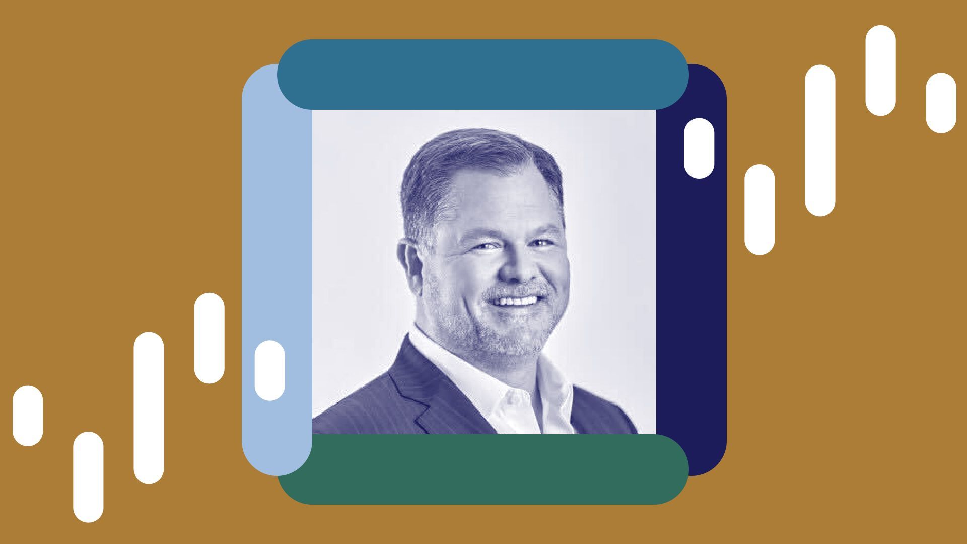 Photo illustration of Pete Bradbury with abstract shapes and the VideoAmp logo.