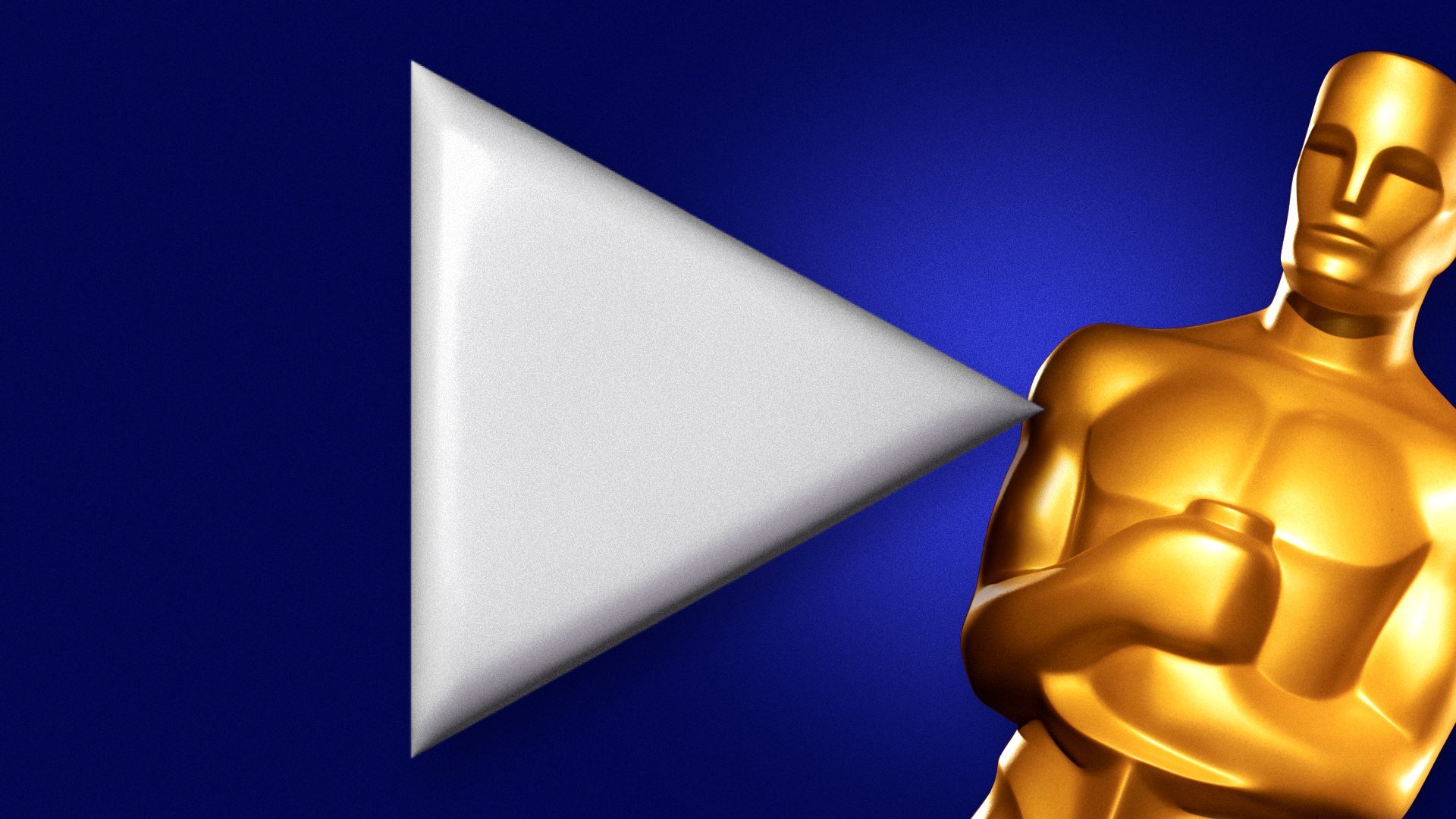 Illustration of a play icon pushing an Oscar statuette off the screen.