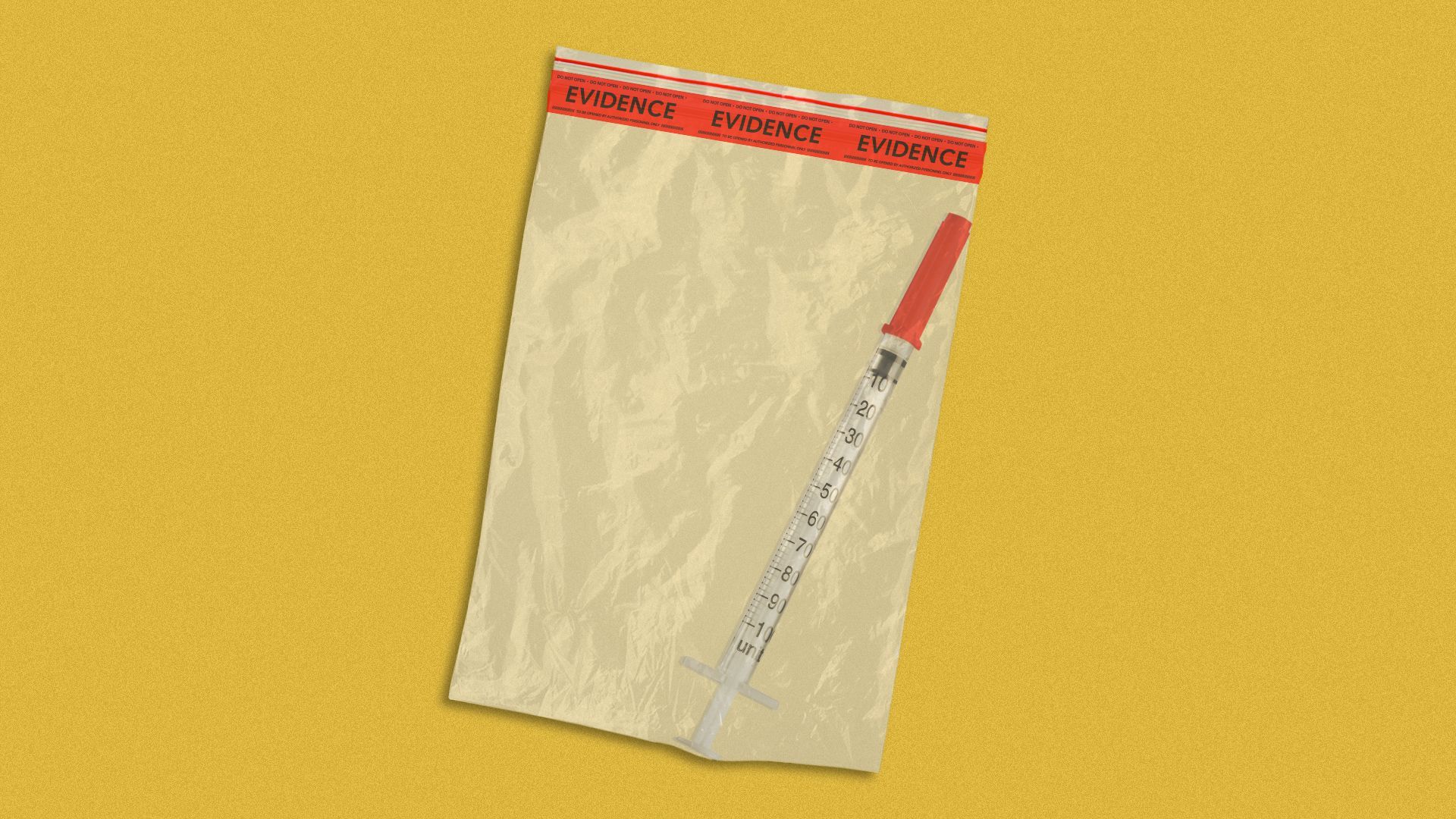 Illustration of a syringe in an evidence bag.