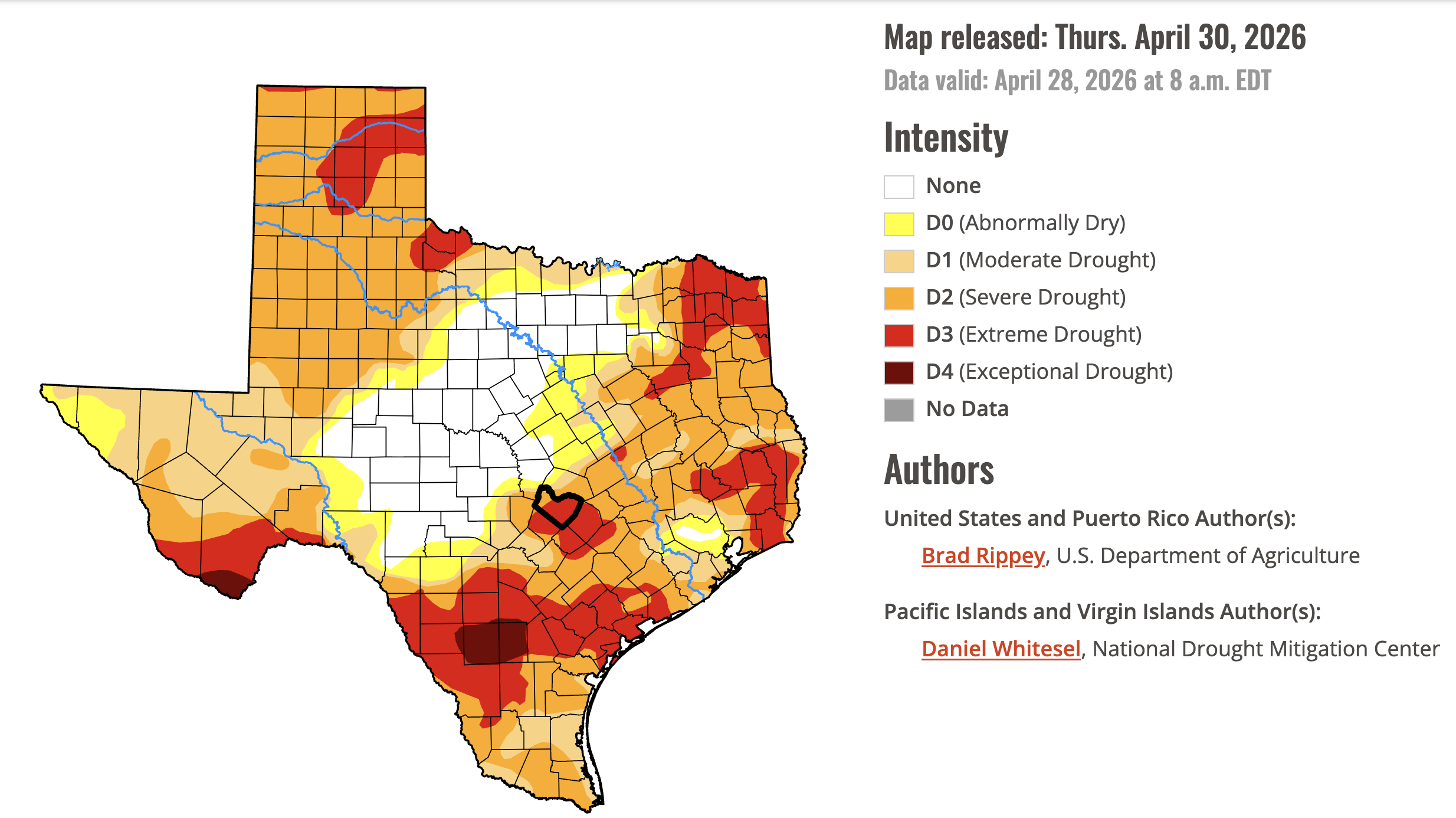 Color map of Texas and nearby states showing drought intensity from D0 to D4 (yellow to dark red); blue rivers weave across the grid, with a right-column legend and author credits.
