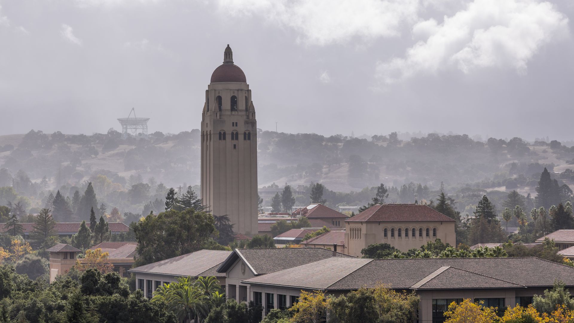 Stanford's campus with fog surrounding it