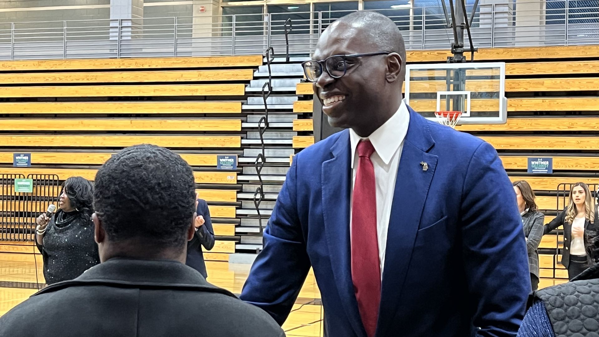 Lt. Gov. Garlin Gilchrist inside Cass Tech High School's gymnasium in October 2022 for a Whitmer campaign event.