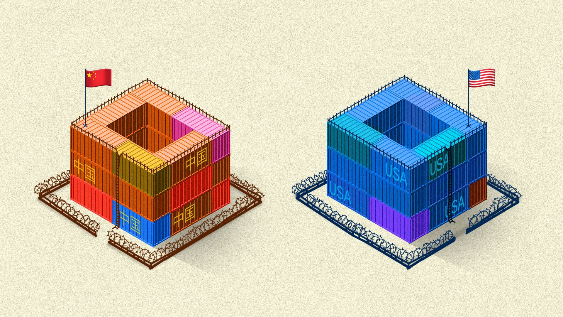 Illustration of China and U.S. shipping containers
