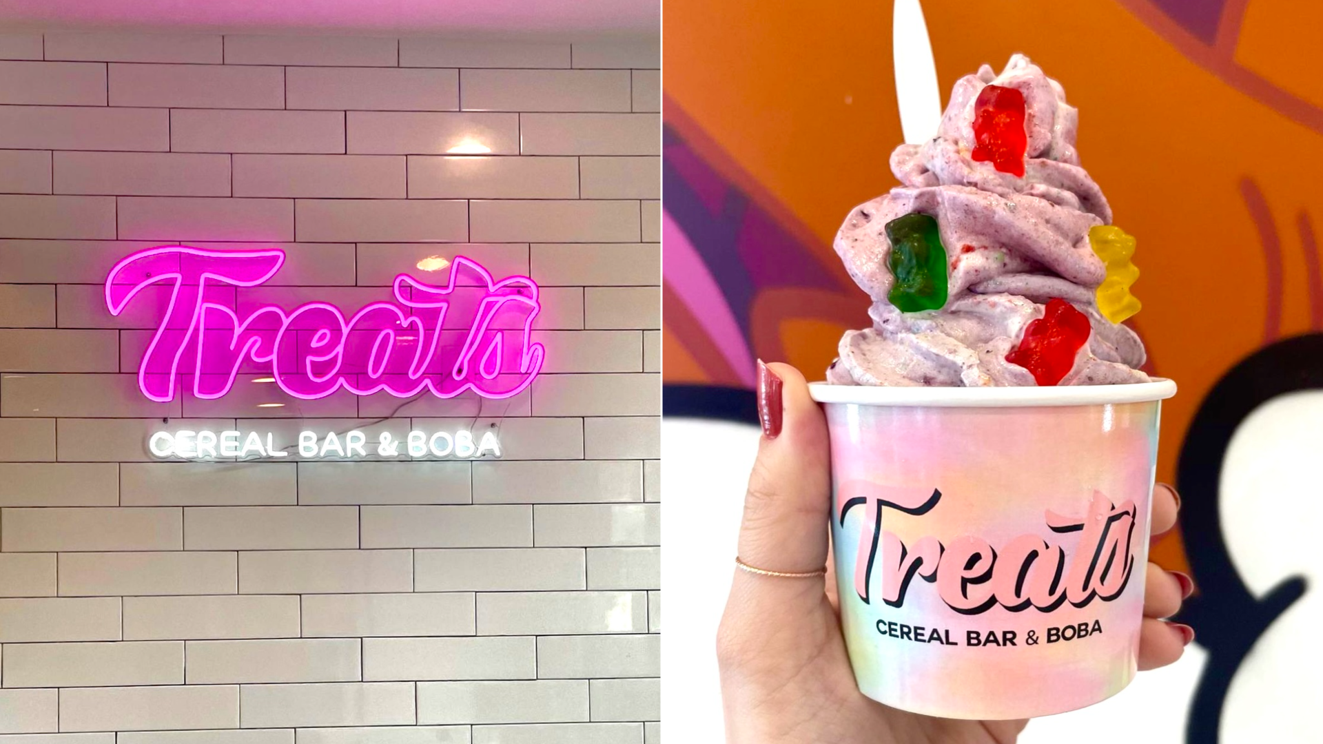 A photo of a neon sign that says Treats, and a photo of a cup piled high with purple frozen yogurt.
