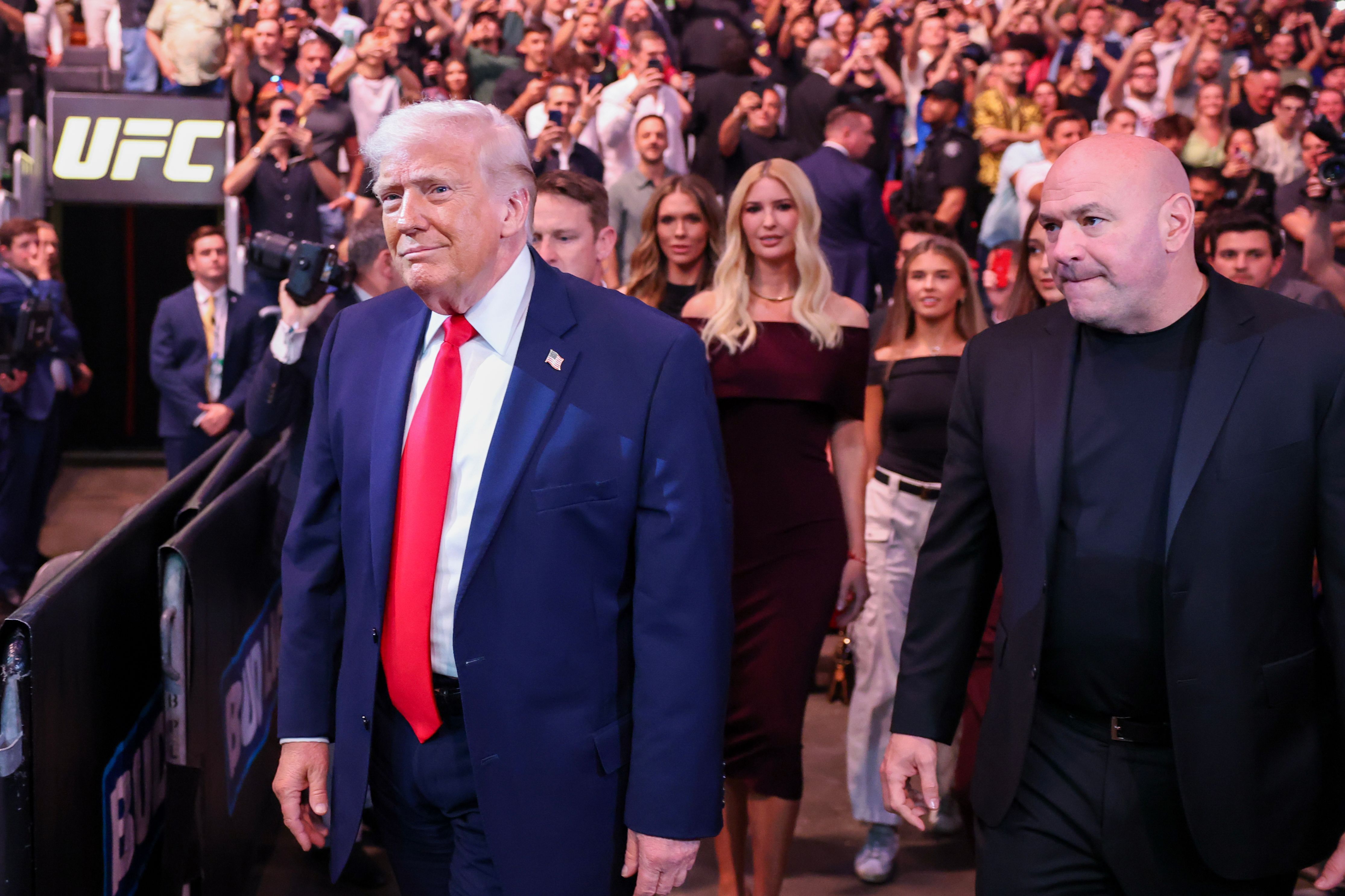 President Trump, Ivanka Trump and Dana White attend UFC 327 at Kaseya Center yesterday in Miami, Florida