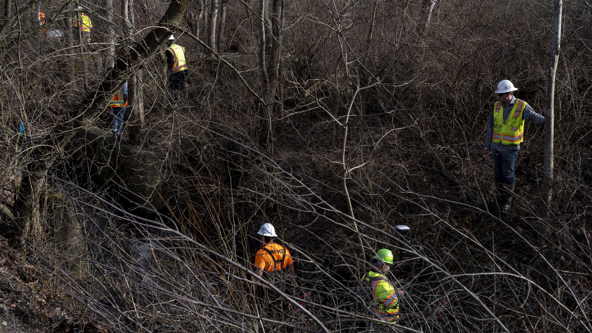 Ohio EPA and other clean-up crews work in Sulphur Run creek on February 23, 2023 in East Palestine, Ohio